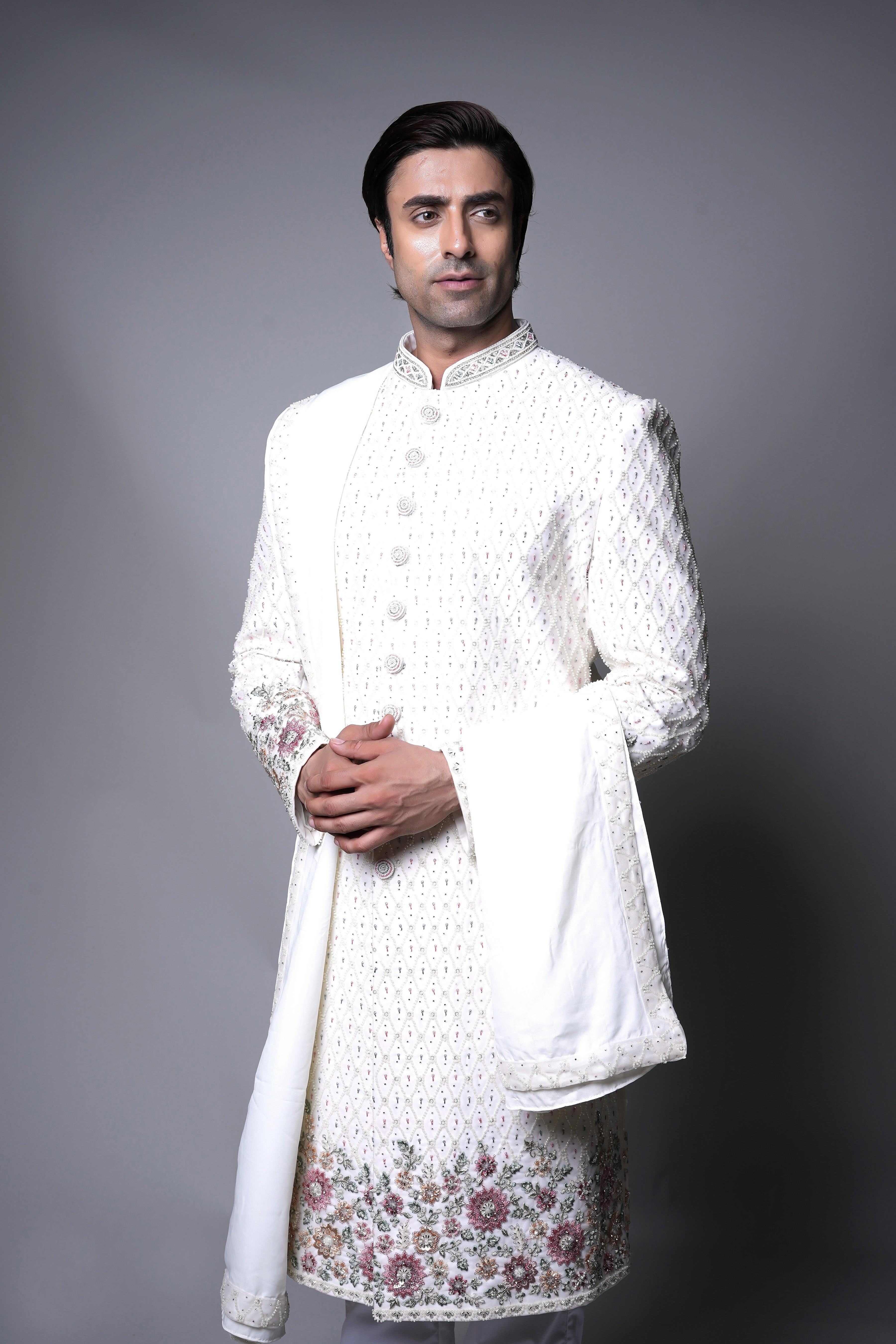 Ivory Diamond-Patterned Sherwani with Floral Hand Embroidery and Dupatta Set