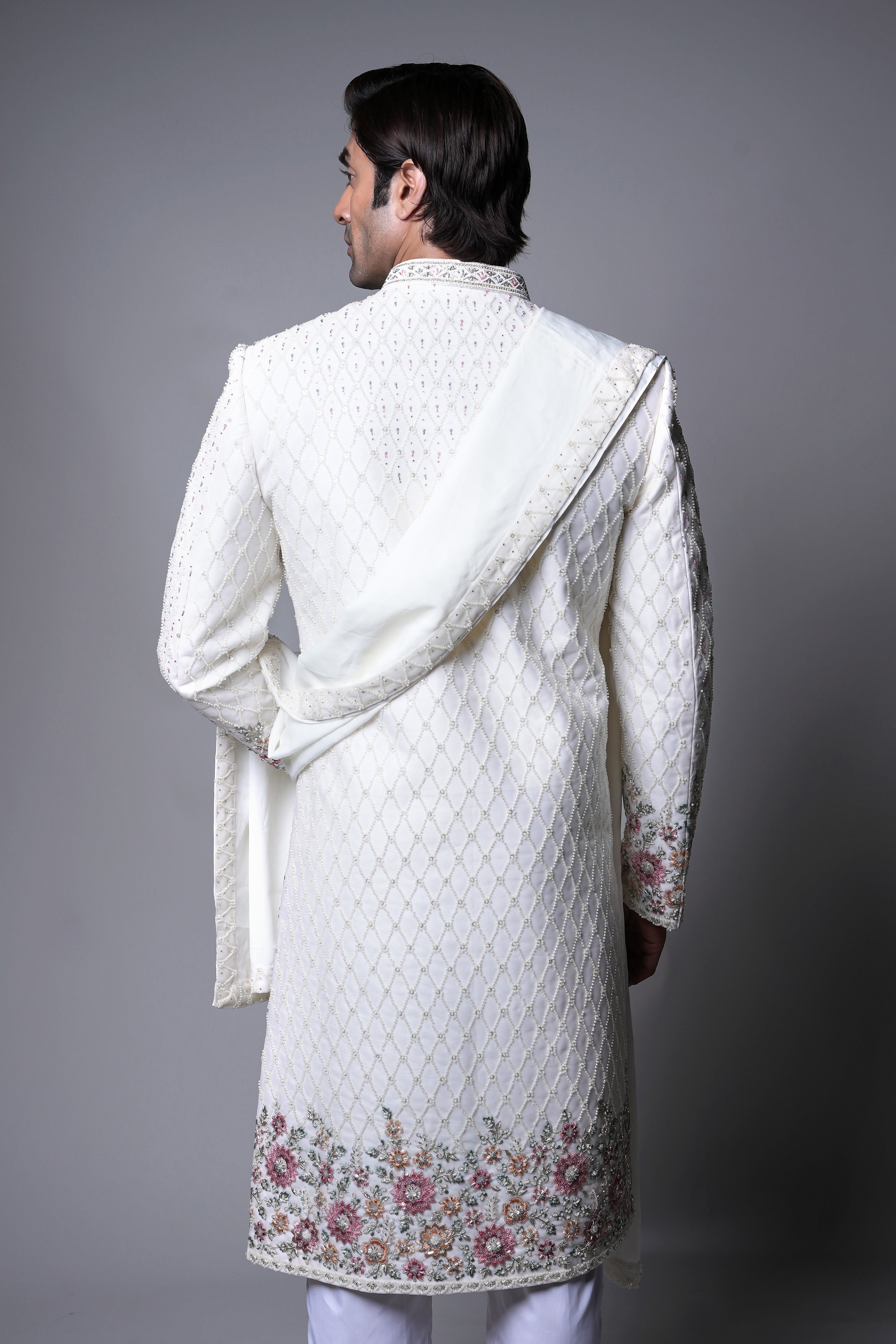 Ivory Diamond-Patterned Sherwani with Floral Hand Embroidery and Dupatta Set