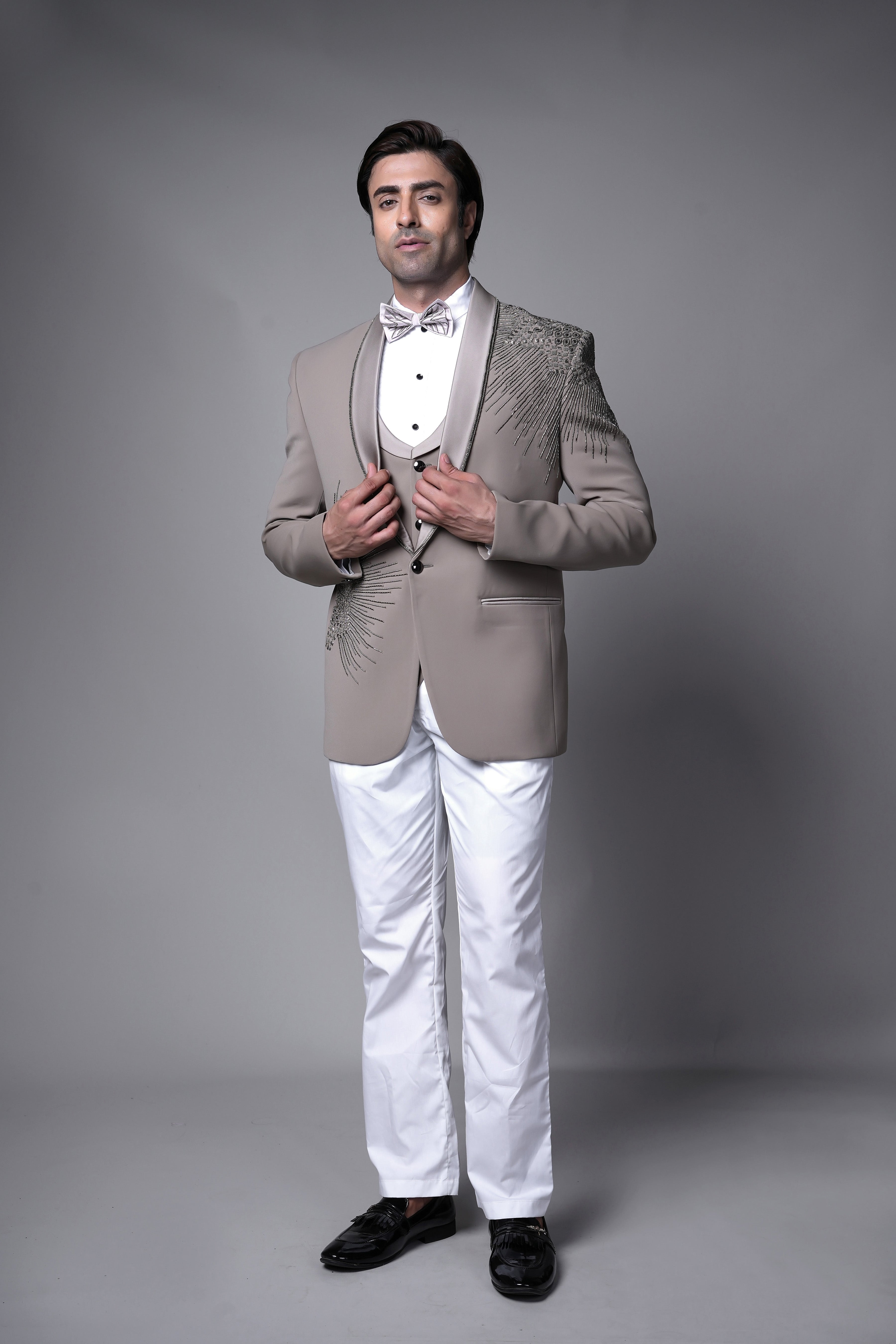 Taupe Embroidered Tuxedo Set with Matching Waistcoat