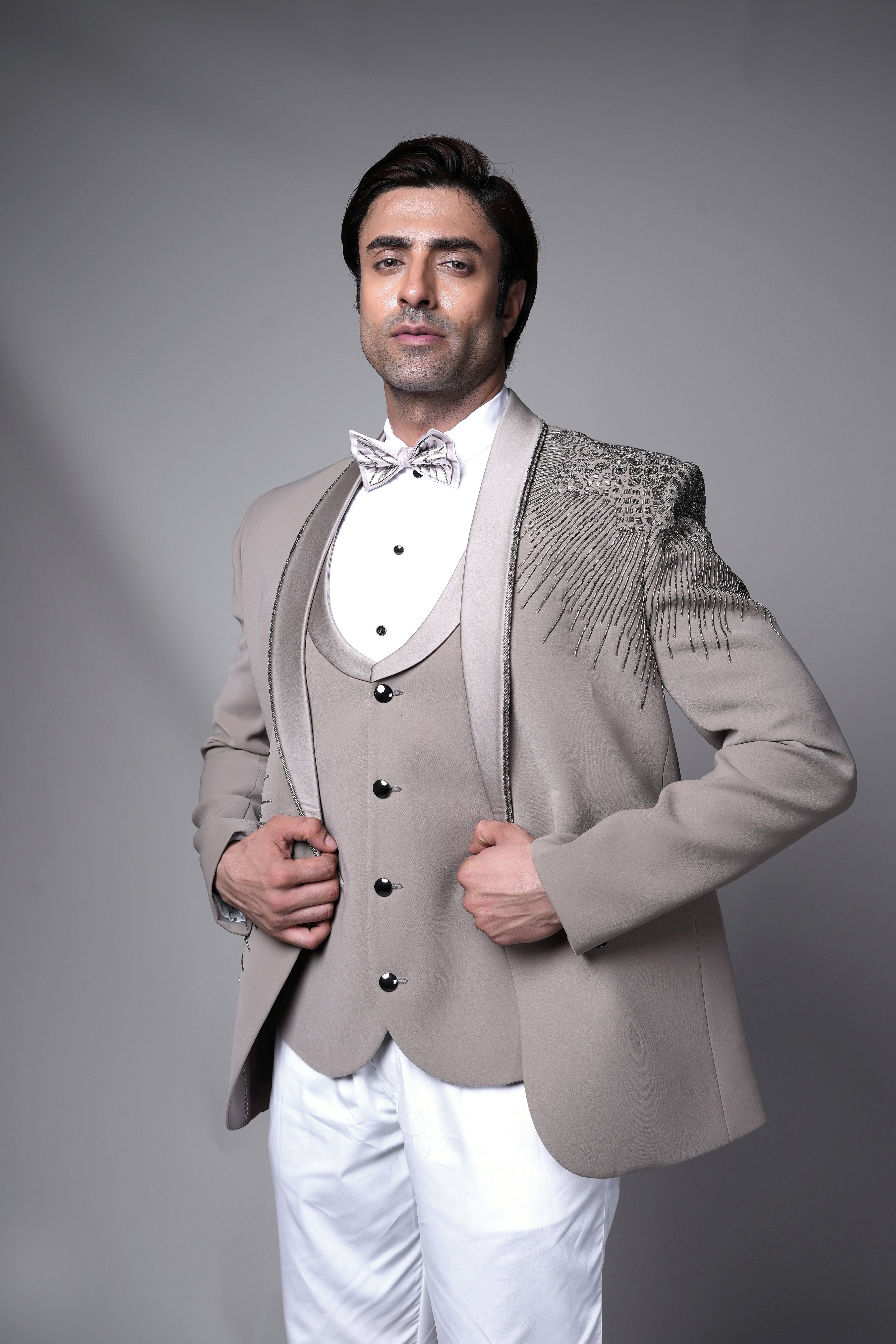 Taupe Embroidered Tuxedo Set with Matching Waistcoat