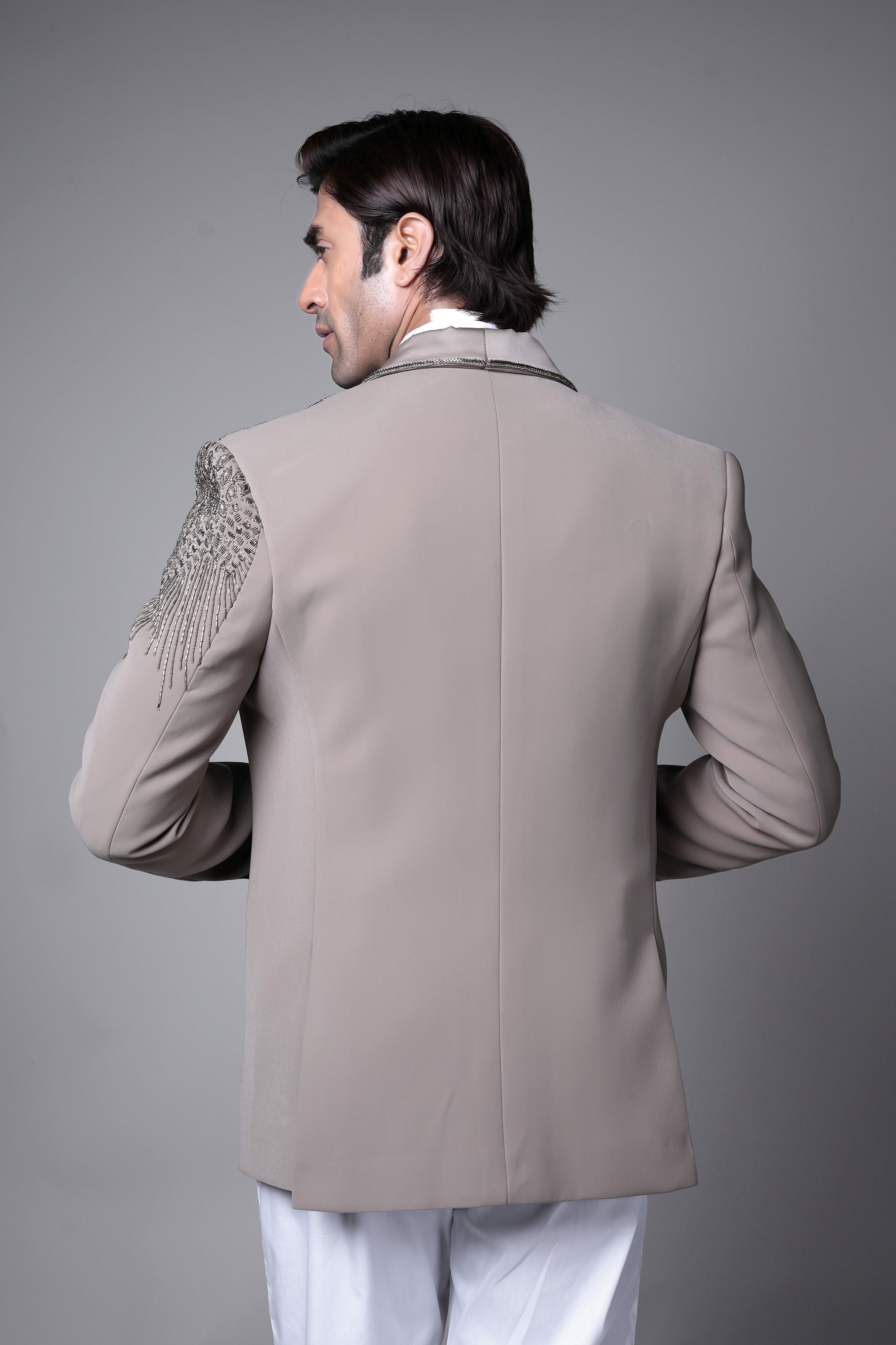 Taupe Embroidered Tuxedo Set with Matching Waistcoat