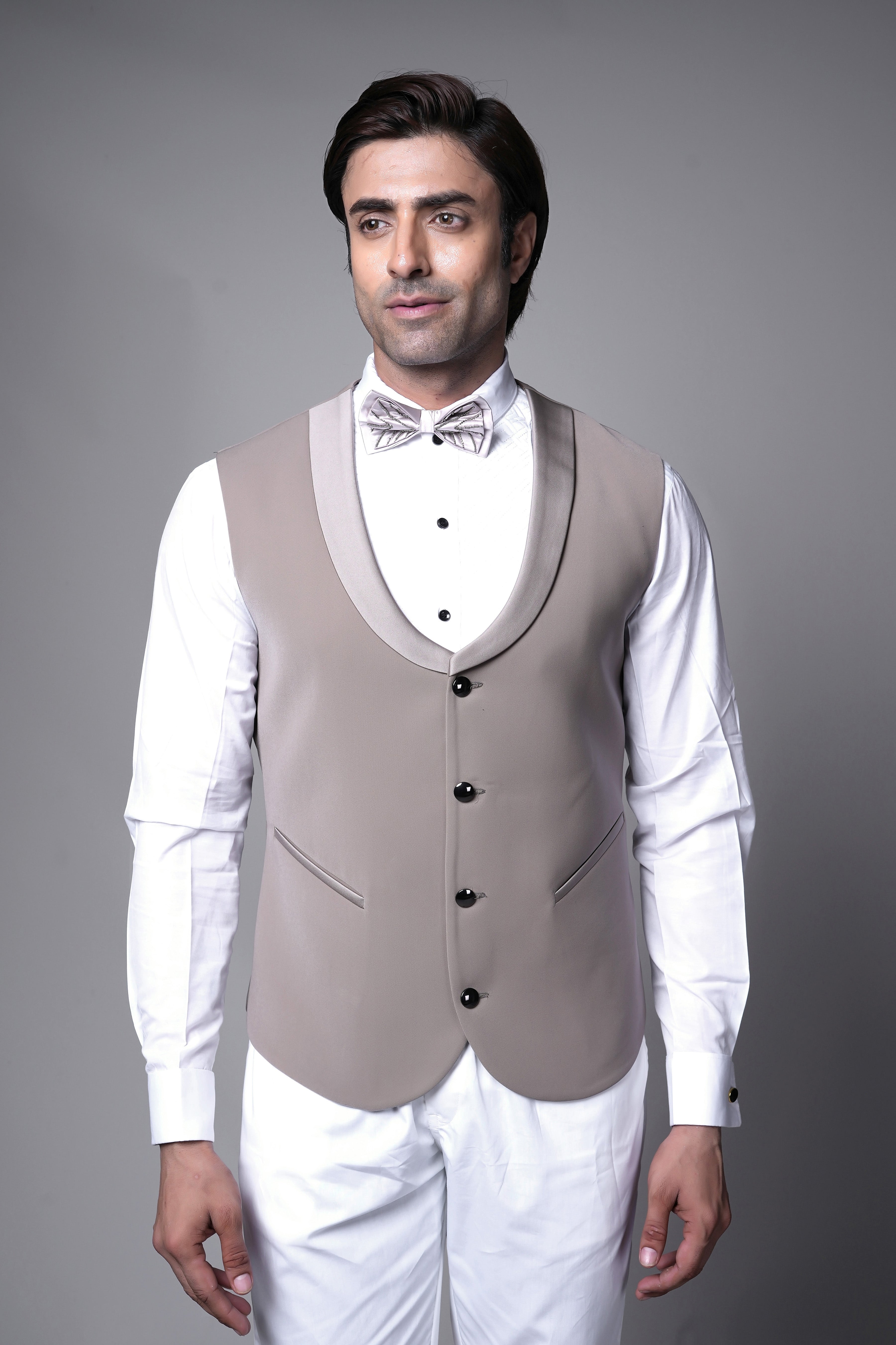 Taupe Embroidered Tuxedo Set with Matching Waistcoat
