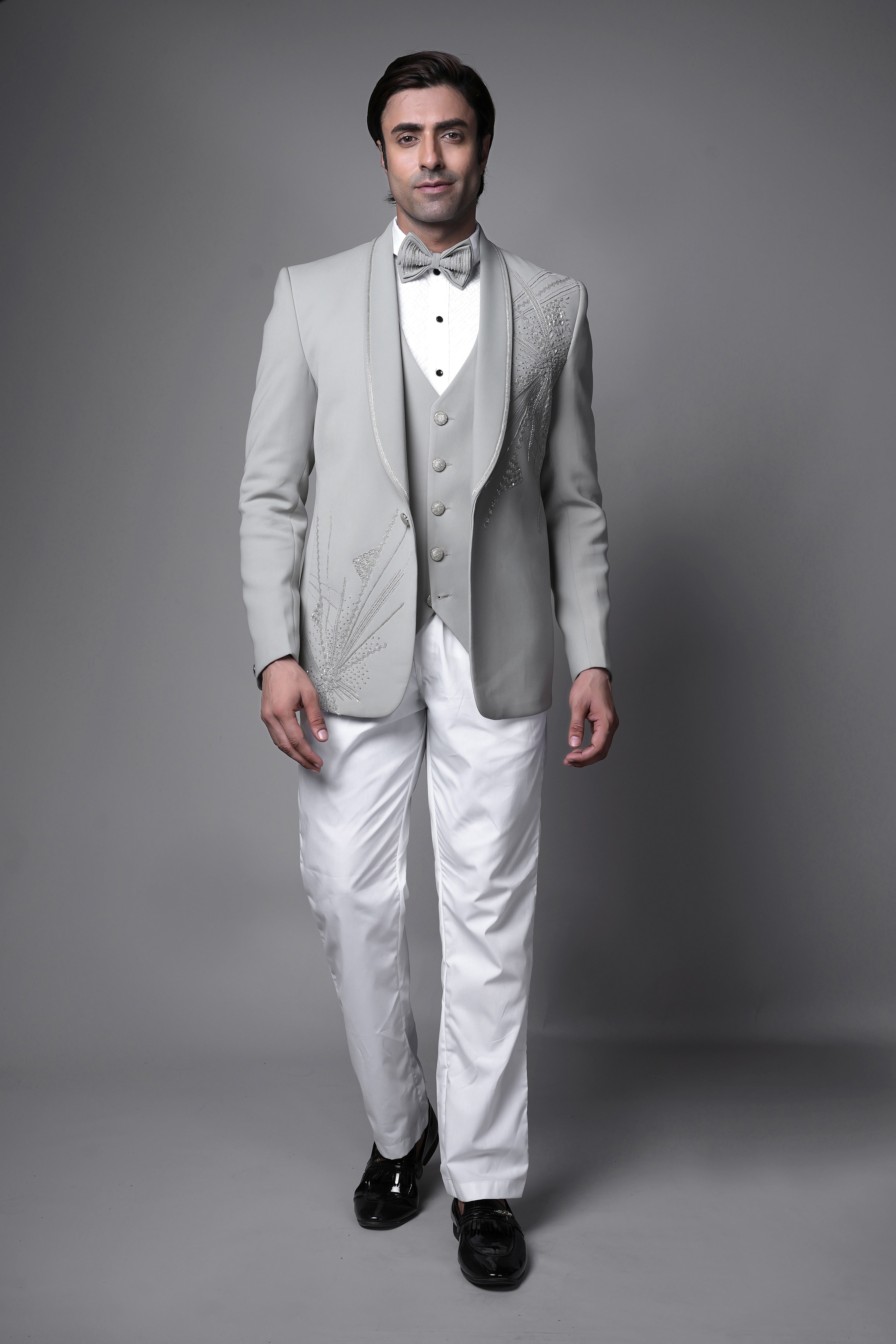 Light Grey Embroidered Tuxedo Set with Bow Tie