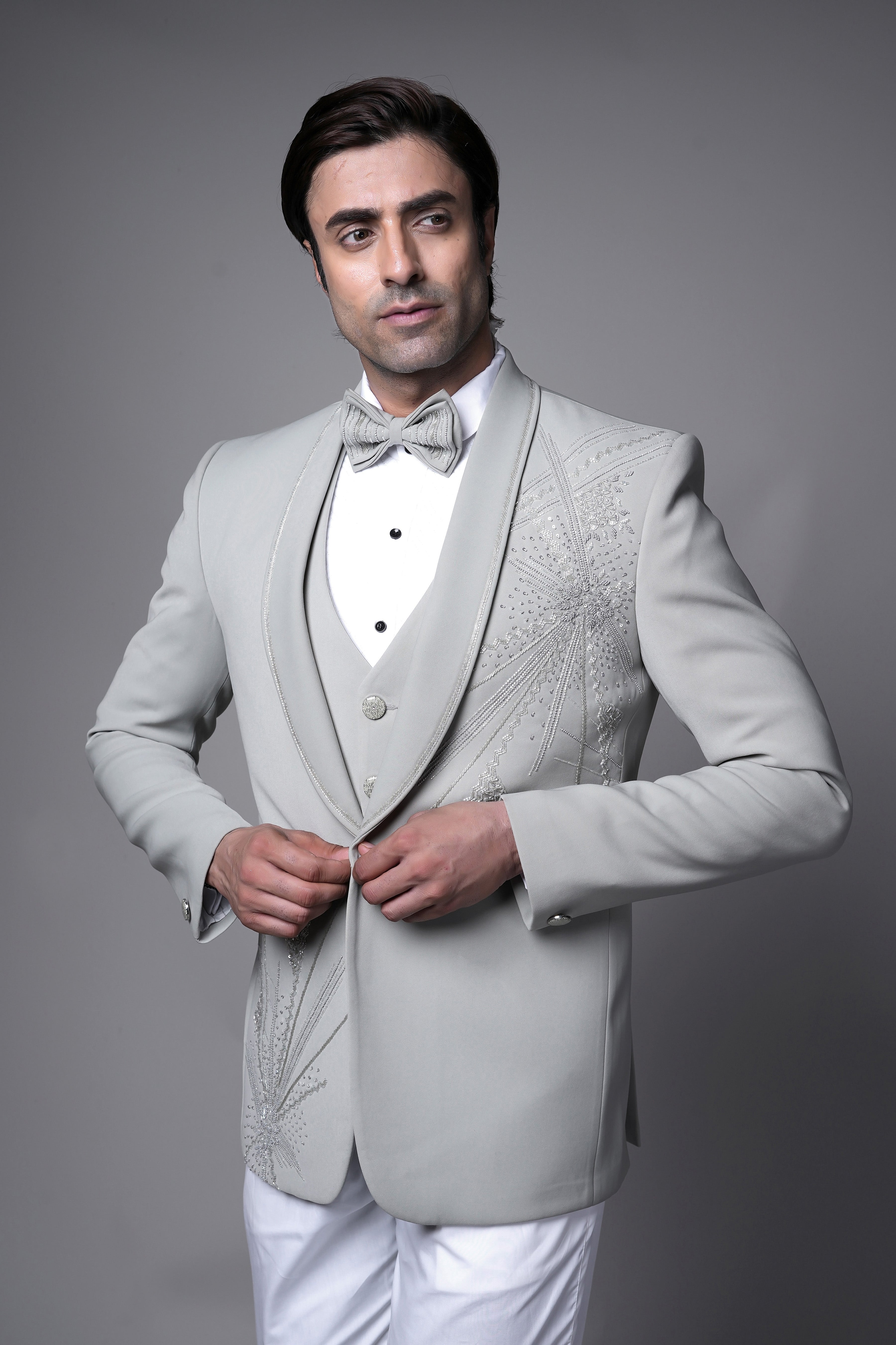 Light Grey Embroidered Tuxedo Set with Bow Tie