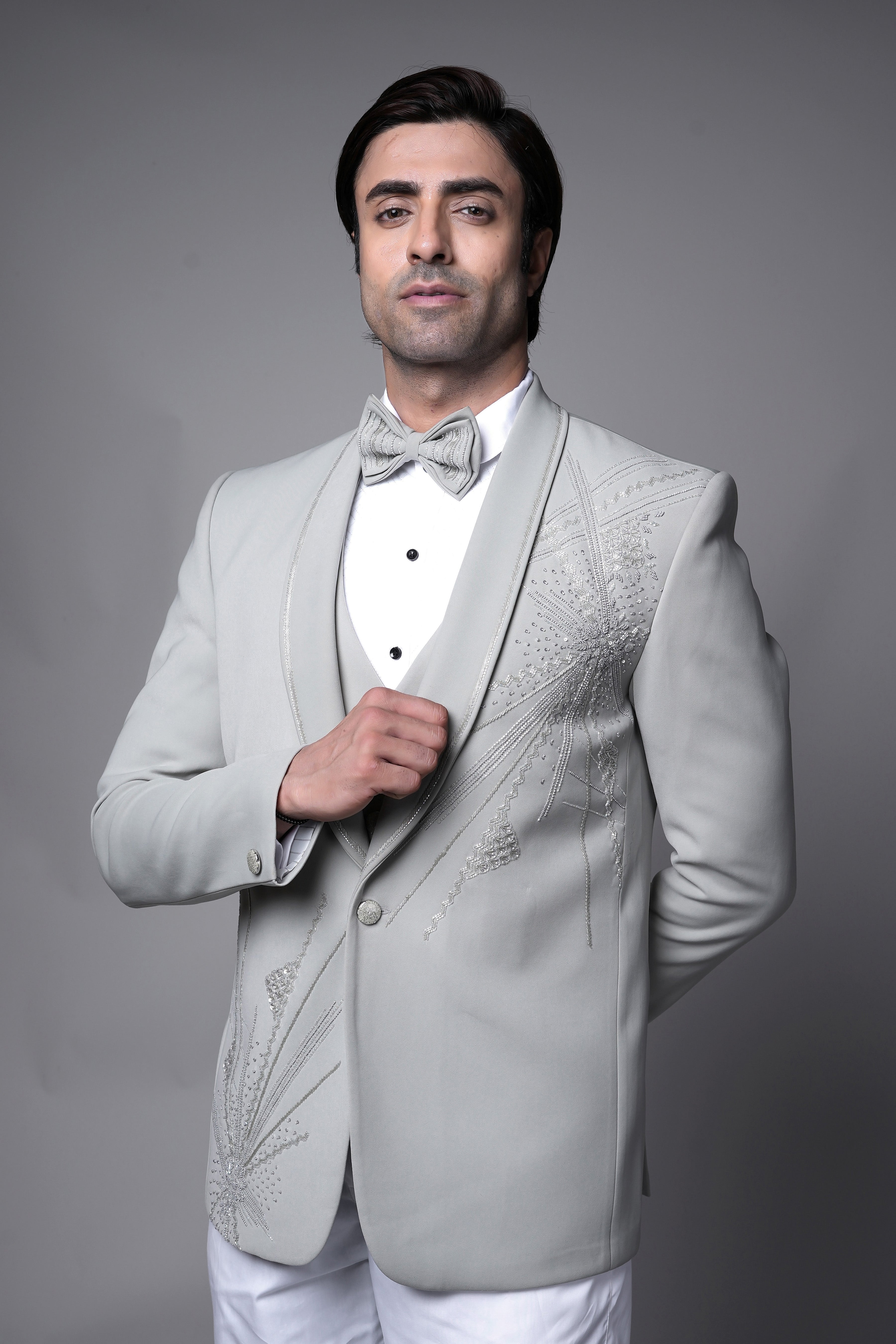 Light Grey Embroidered Tuxedo Set with Bow Tie