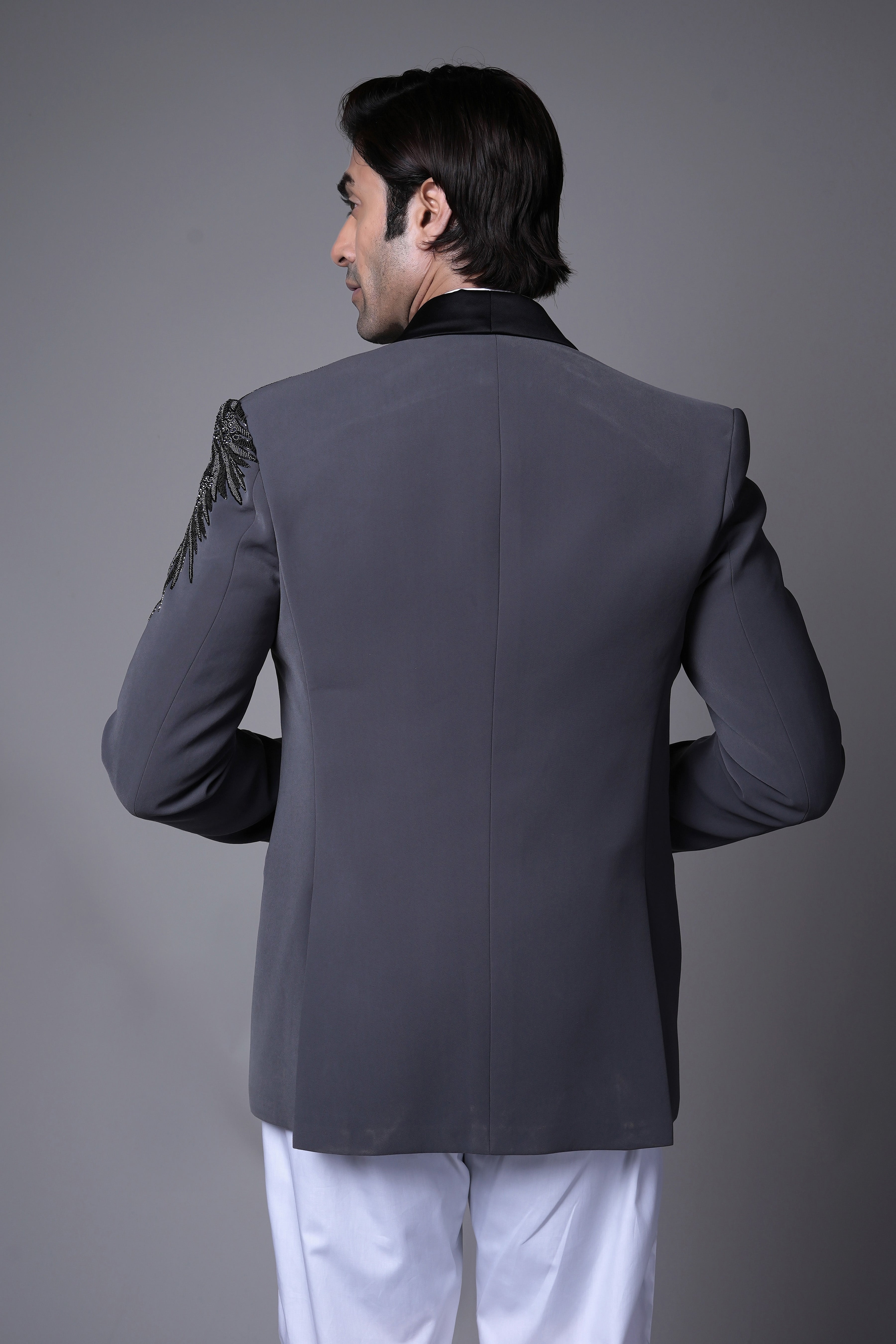 Charcoal Grey Embroidered Tuxedo Set with Black Sequin Detailing