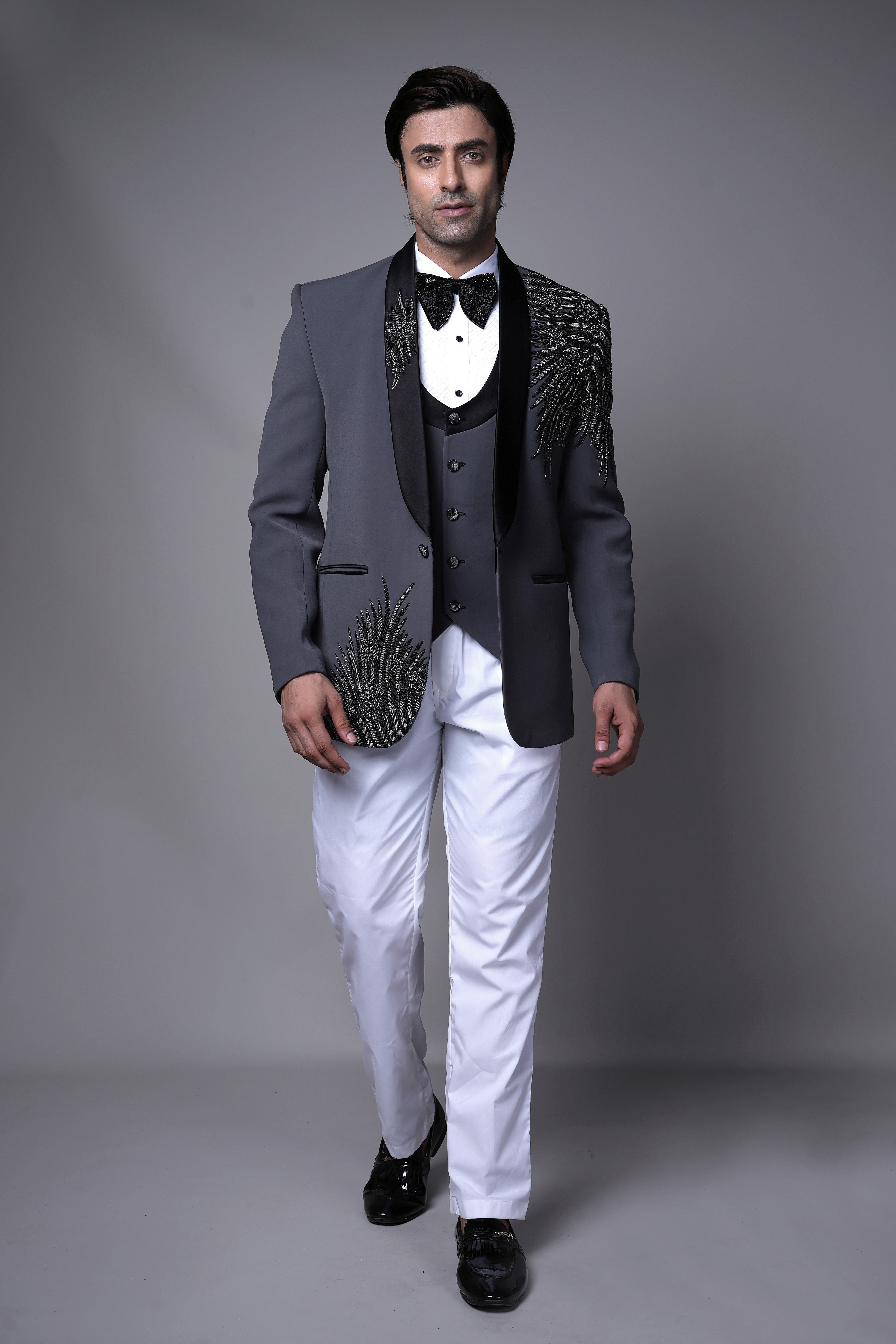 Charcoal Grey Embroidered Tuxedo Set with Black Sequin Detailing