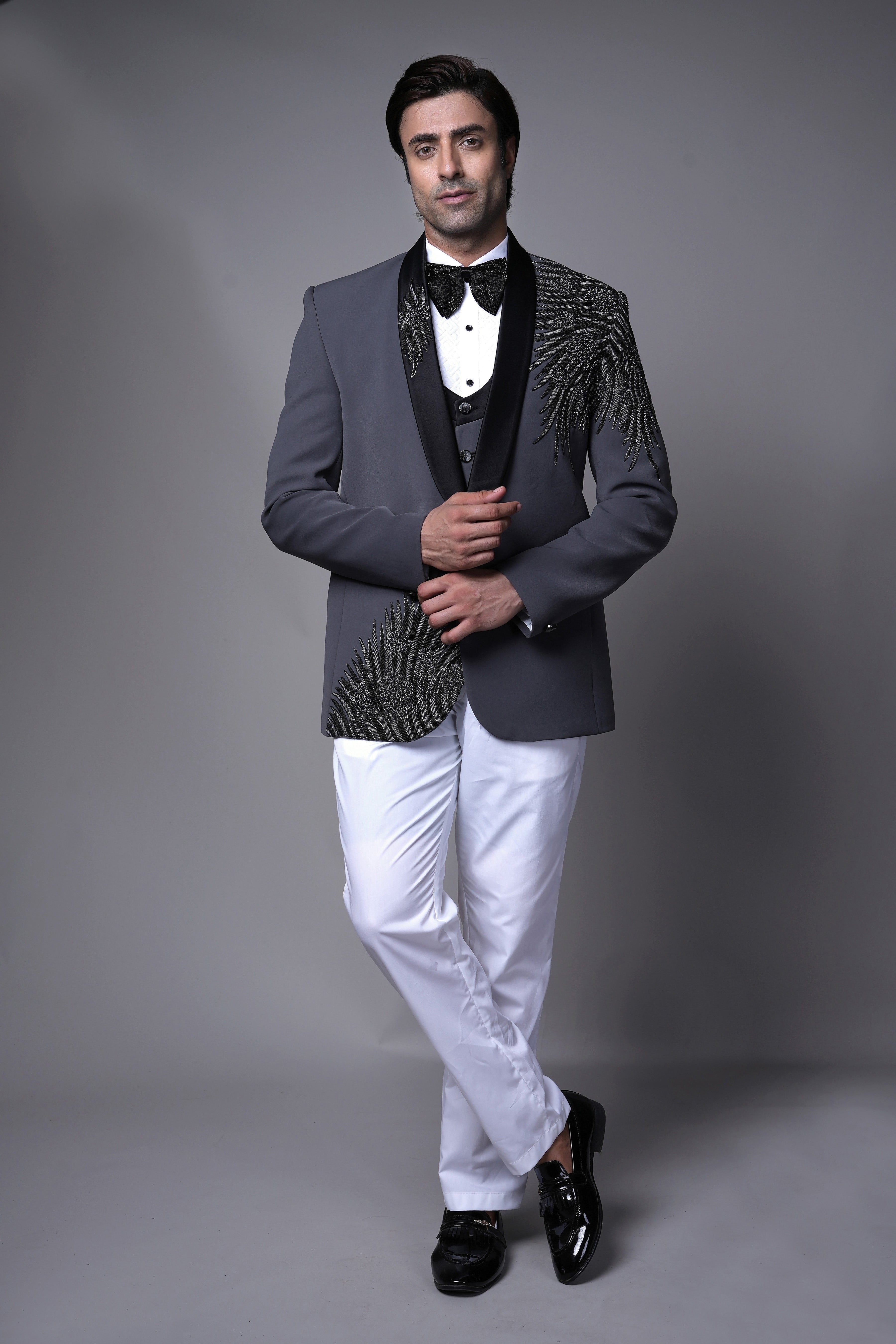 Charcoal Grey Embroidered Tuxedo Set with Black Sequin Detailing
