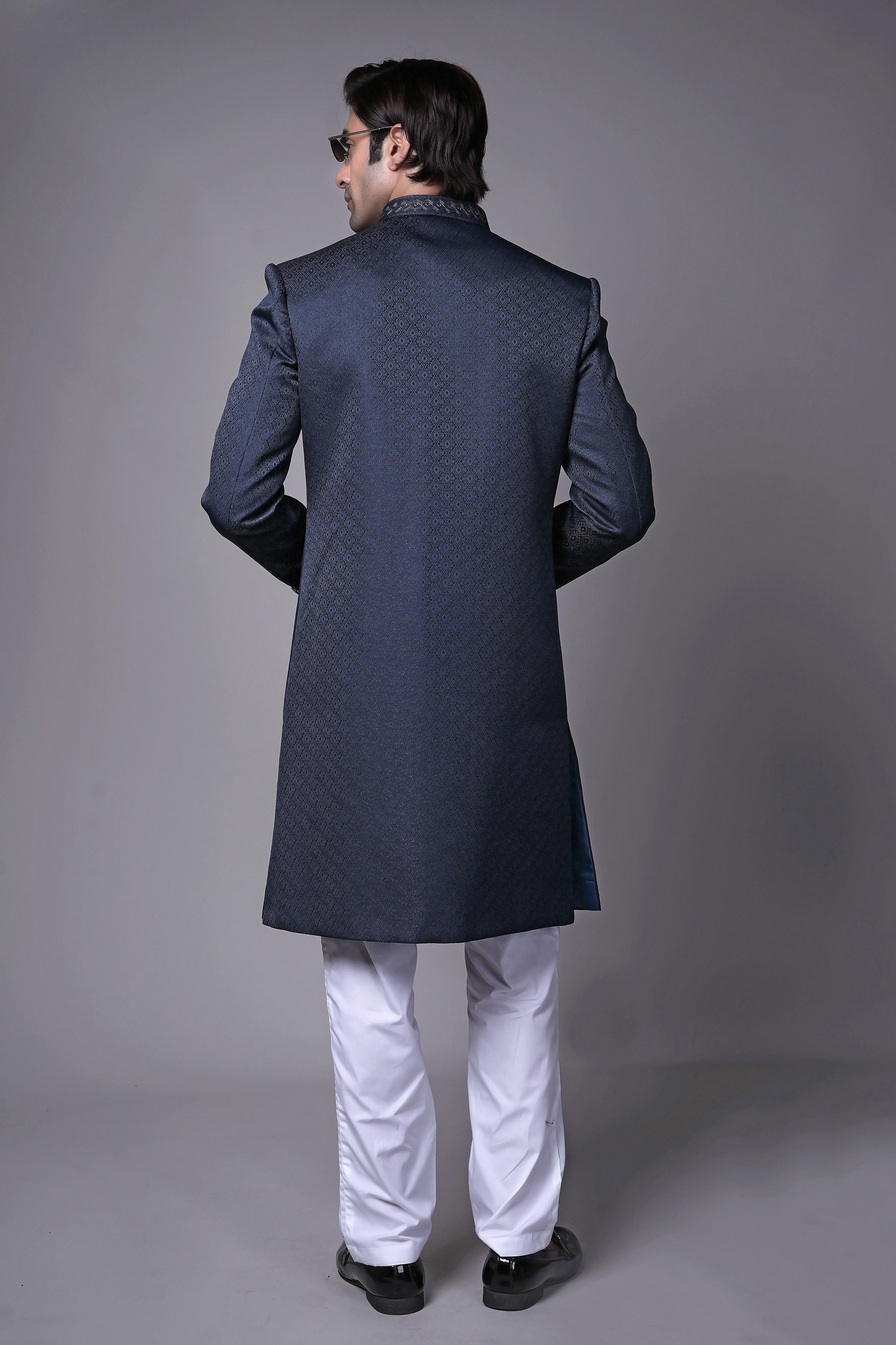 Navy Blue Textured Indo-Western with Metallic Buttons
