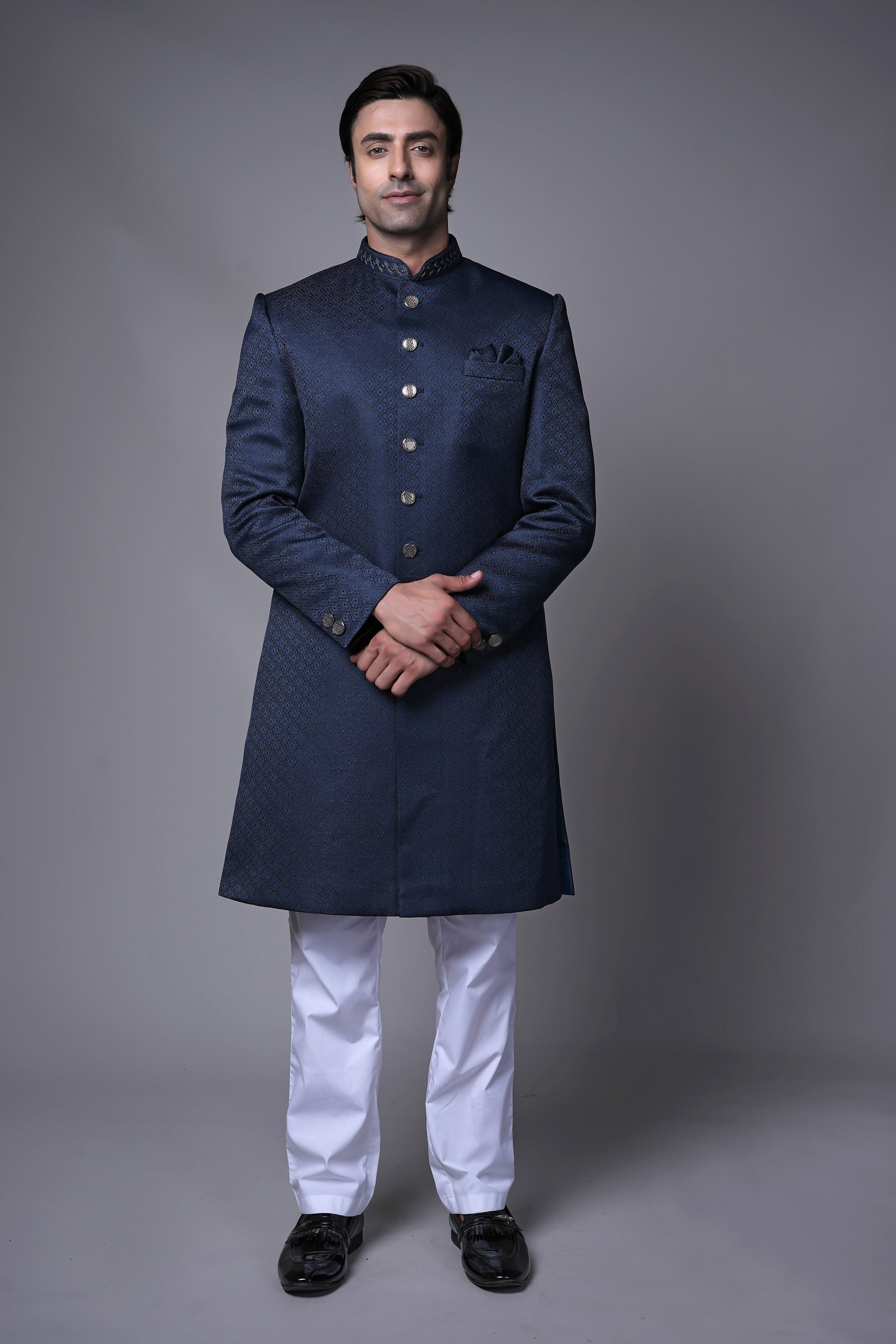Navy Blue Textured Indo-Western with Metallic Buttons