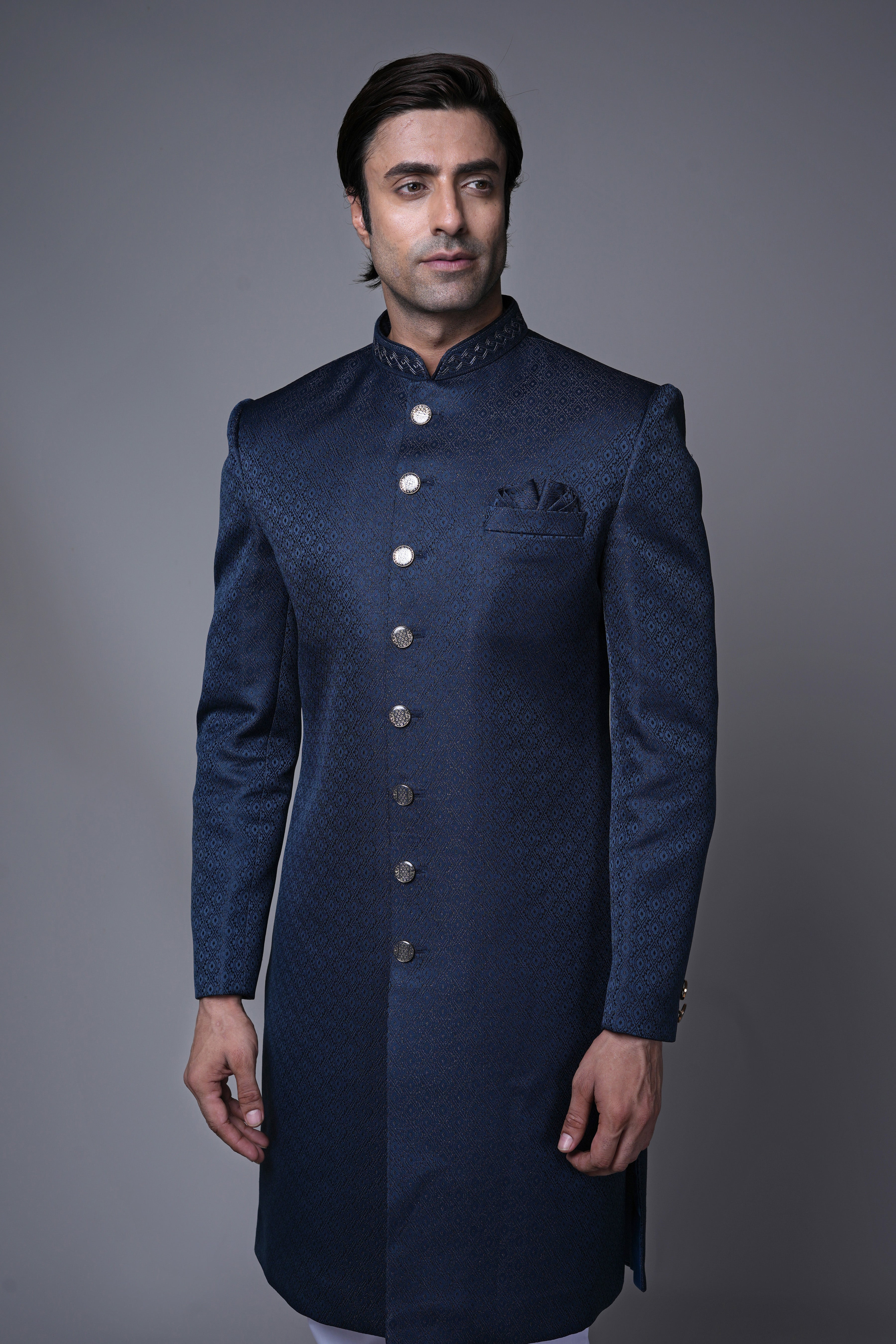 Navy Blue Textured Indo-Western with Metallic Buttons