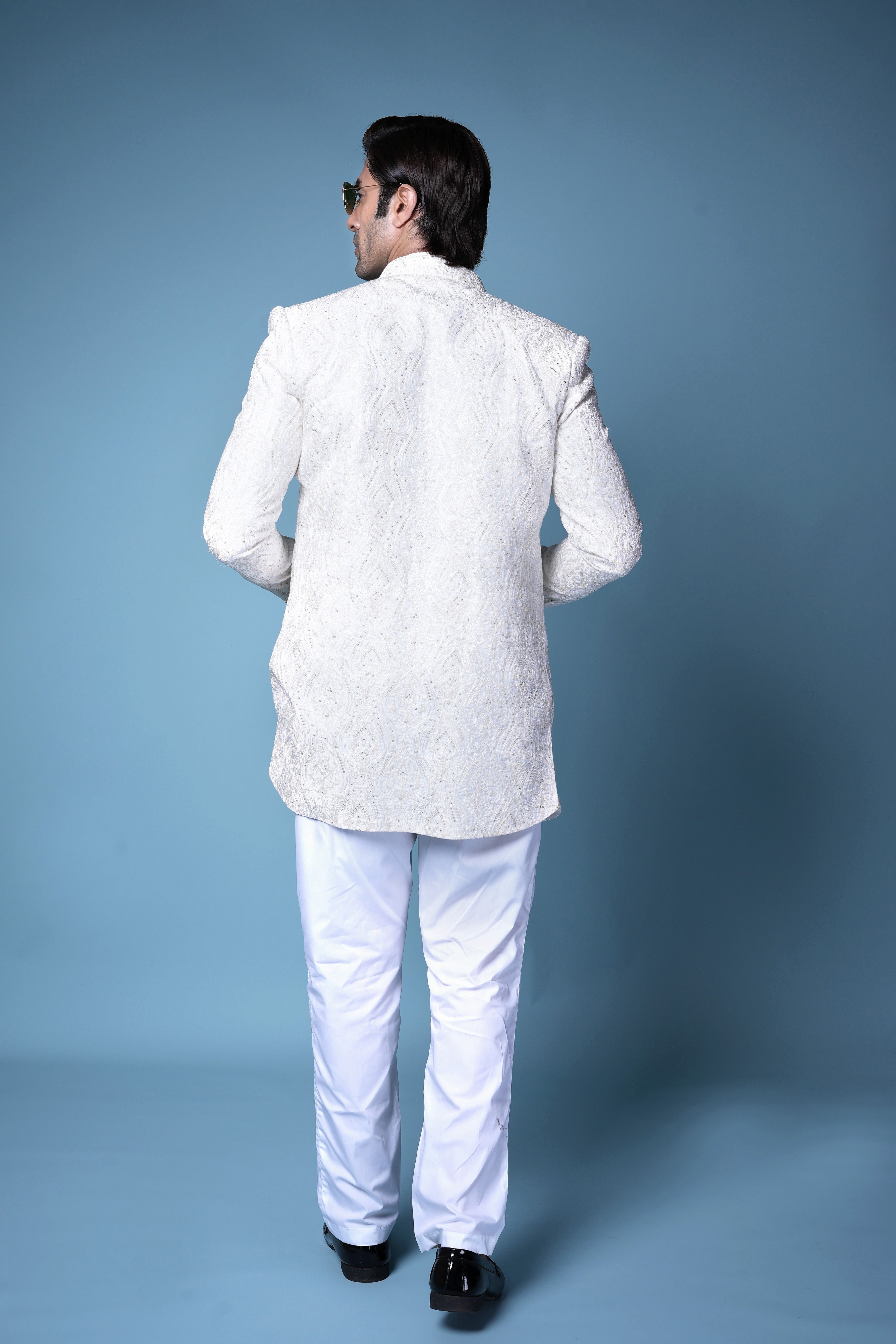 Ivory Textured Indo-Western Sherwani with Golden Detailing
