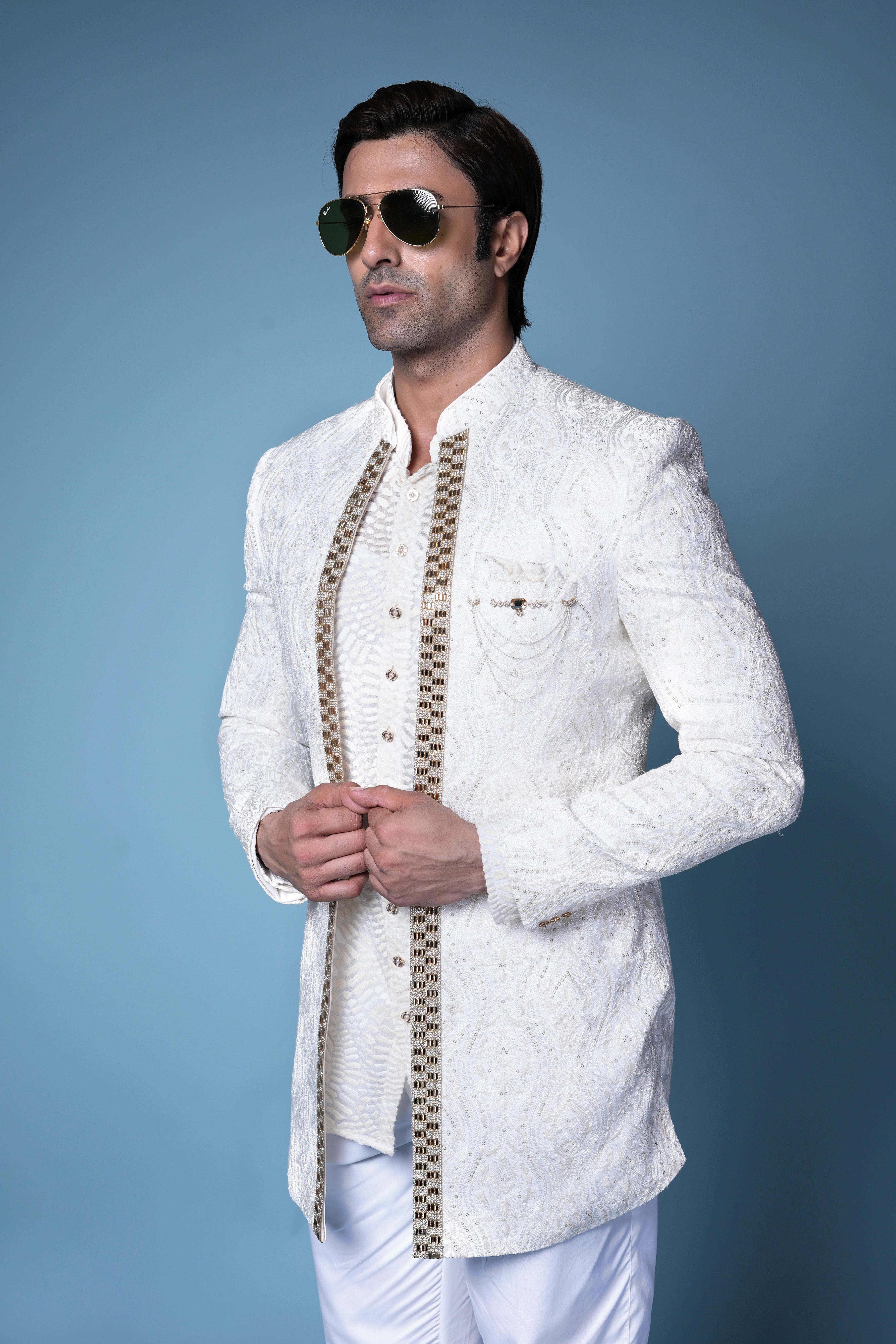 Ivory Textured Indo-Western Sherwani with Golden Detailing