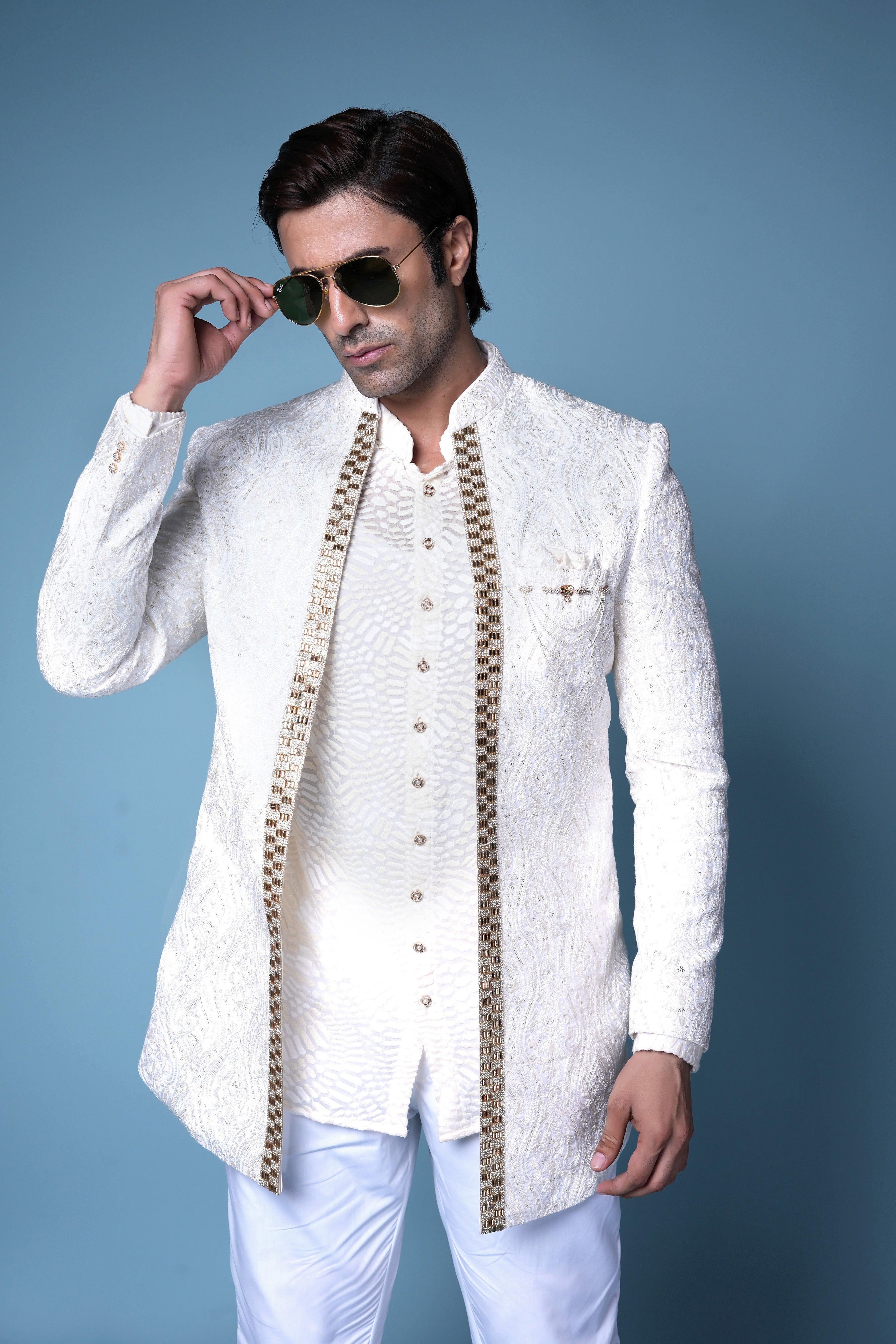 Ivory Textured Indo-Western Sherwani with Golden Detailing
