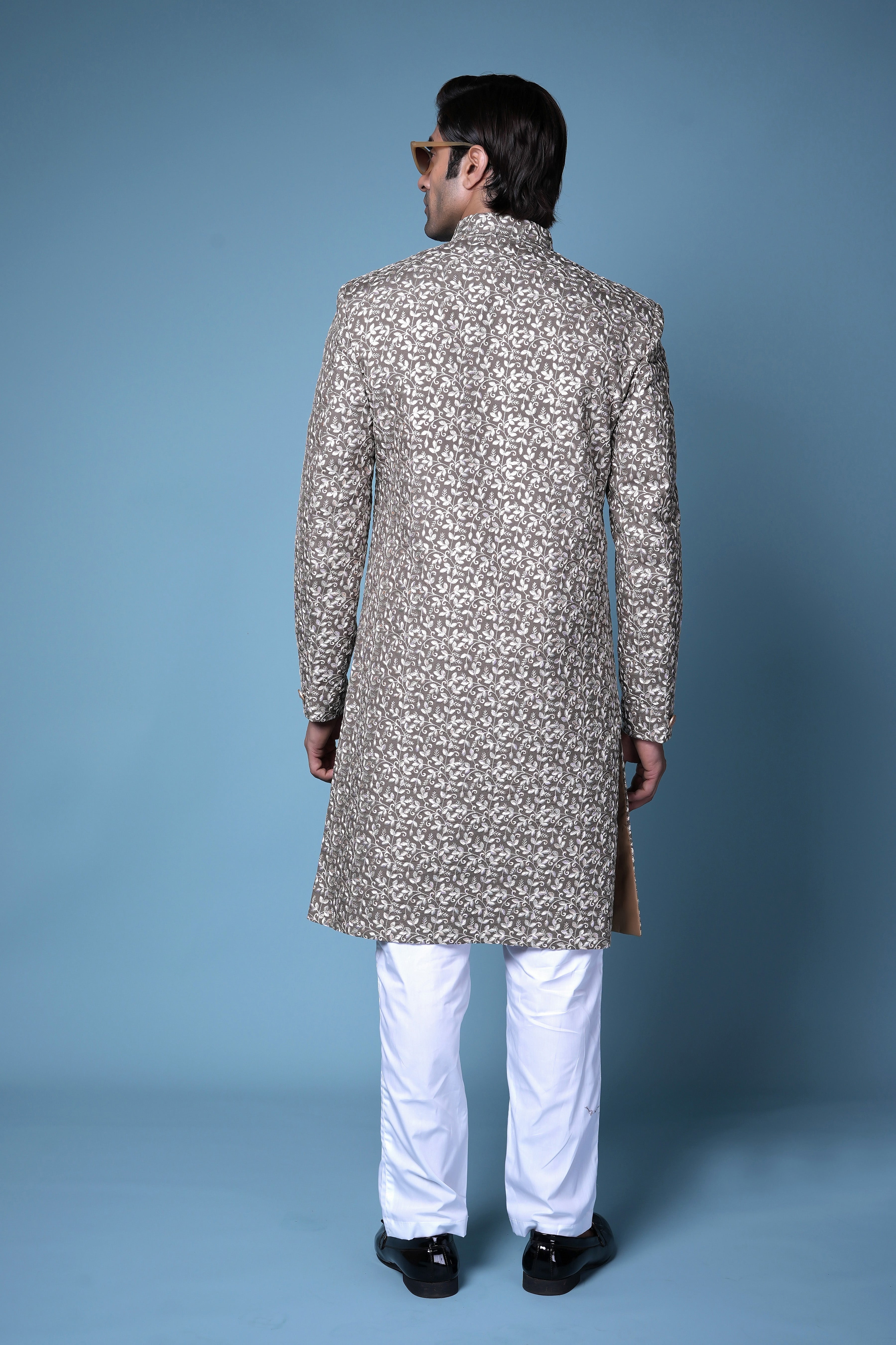 Beige Floral Textured Indo-Western with Peach Accents