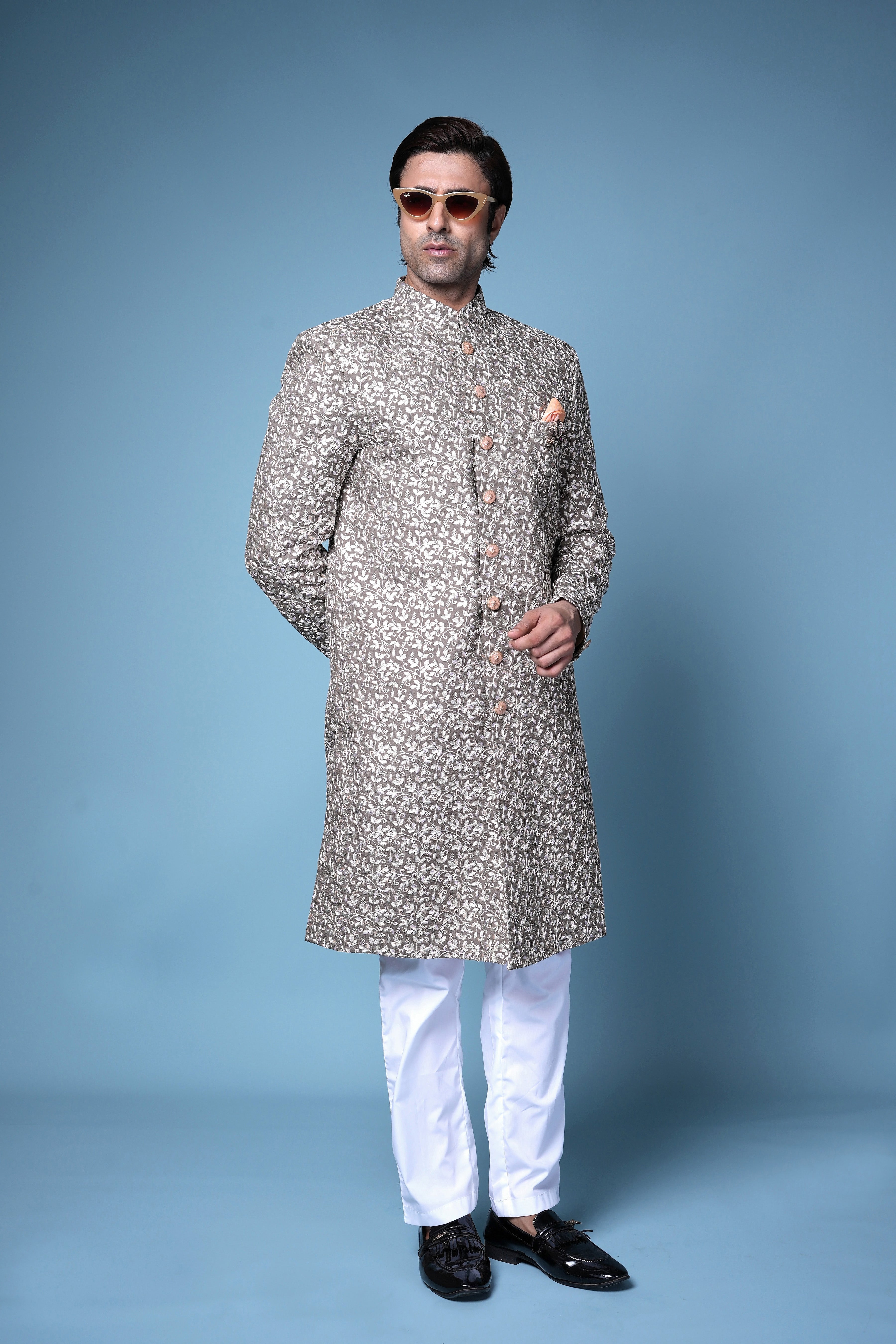 Beige Floral Textured Indo-Western with Peach Accents