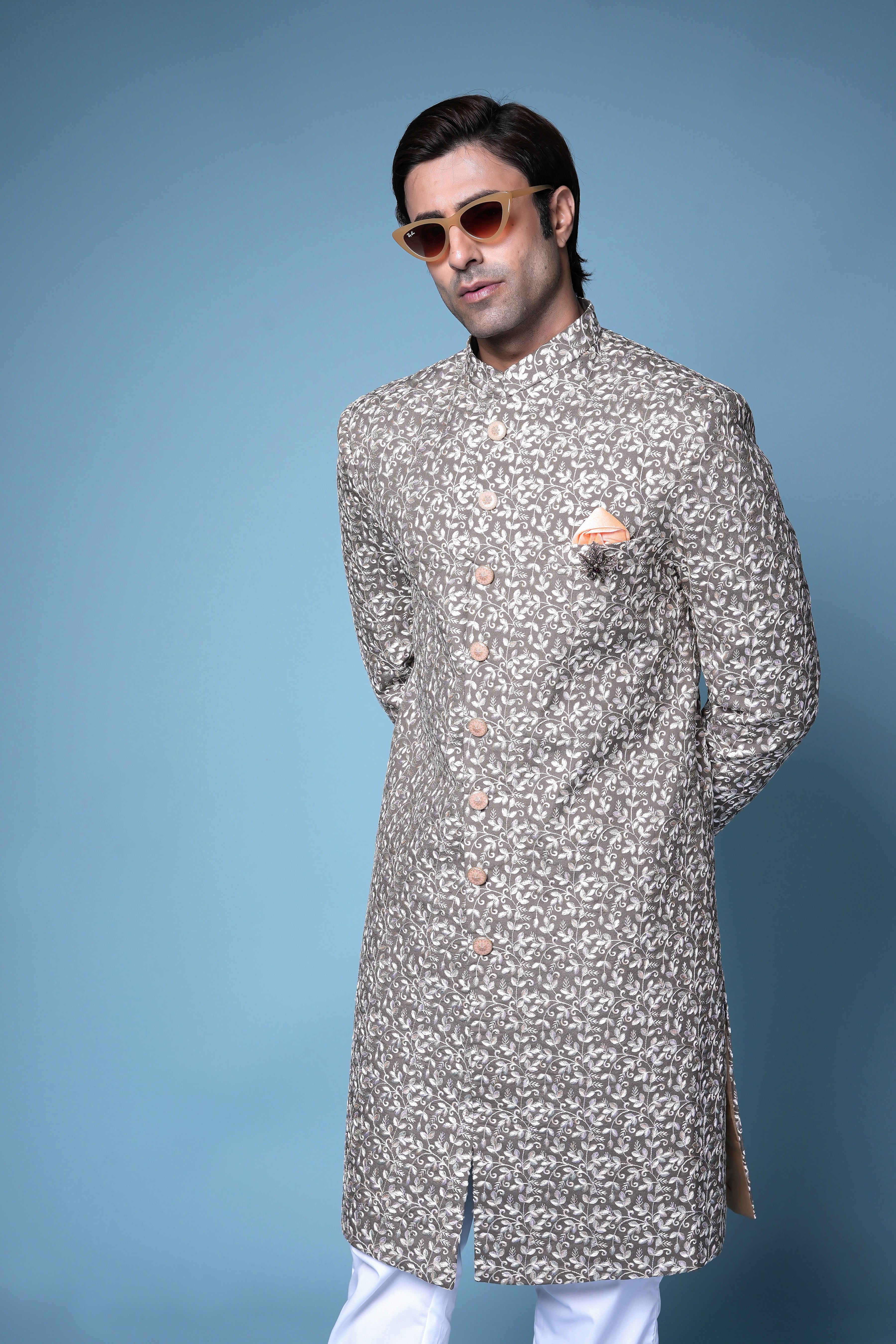 Beige Floral Textured Indo-Western with Peach Accents