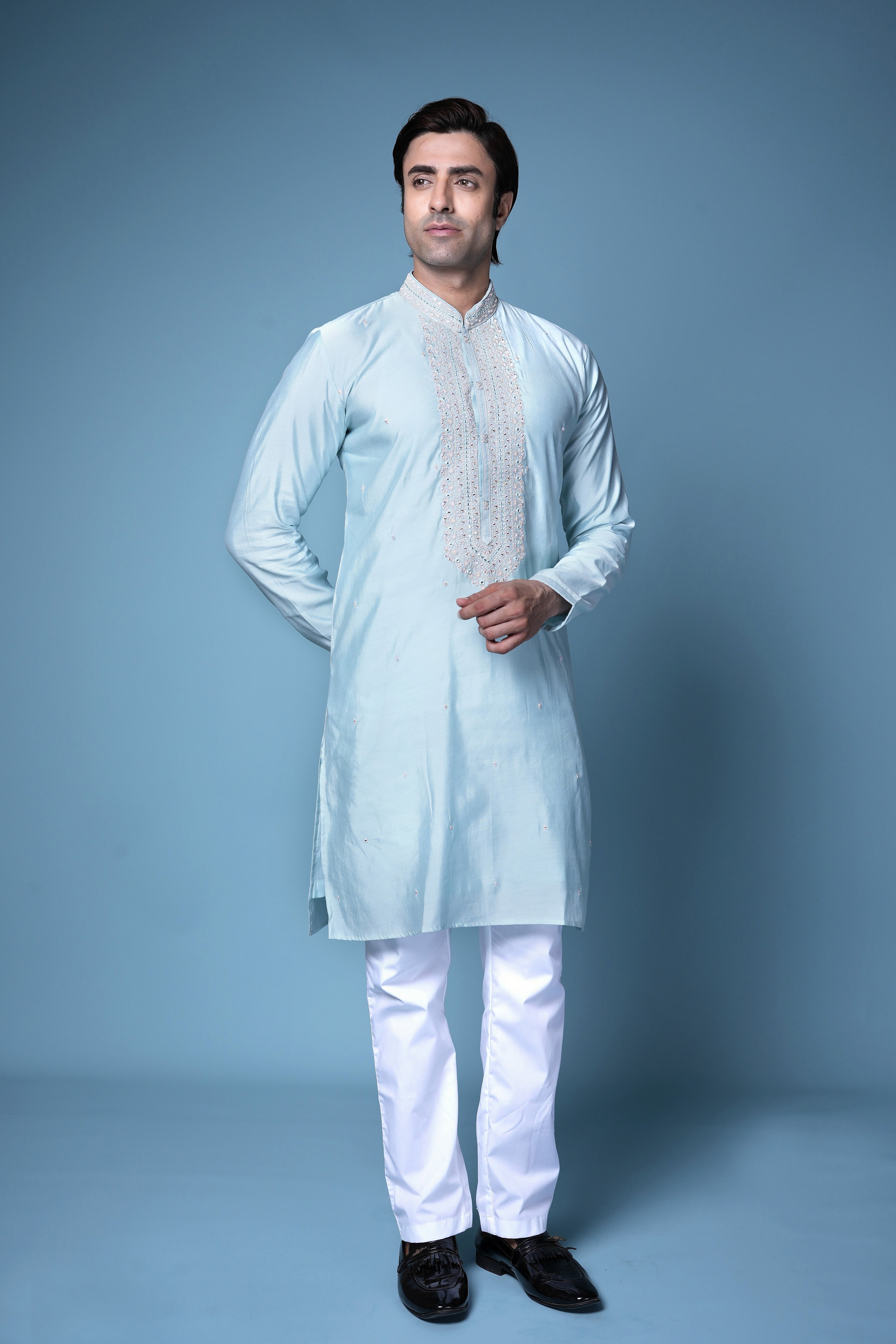 Sky Blue Embroidered Silk Kurta Set