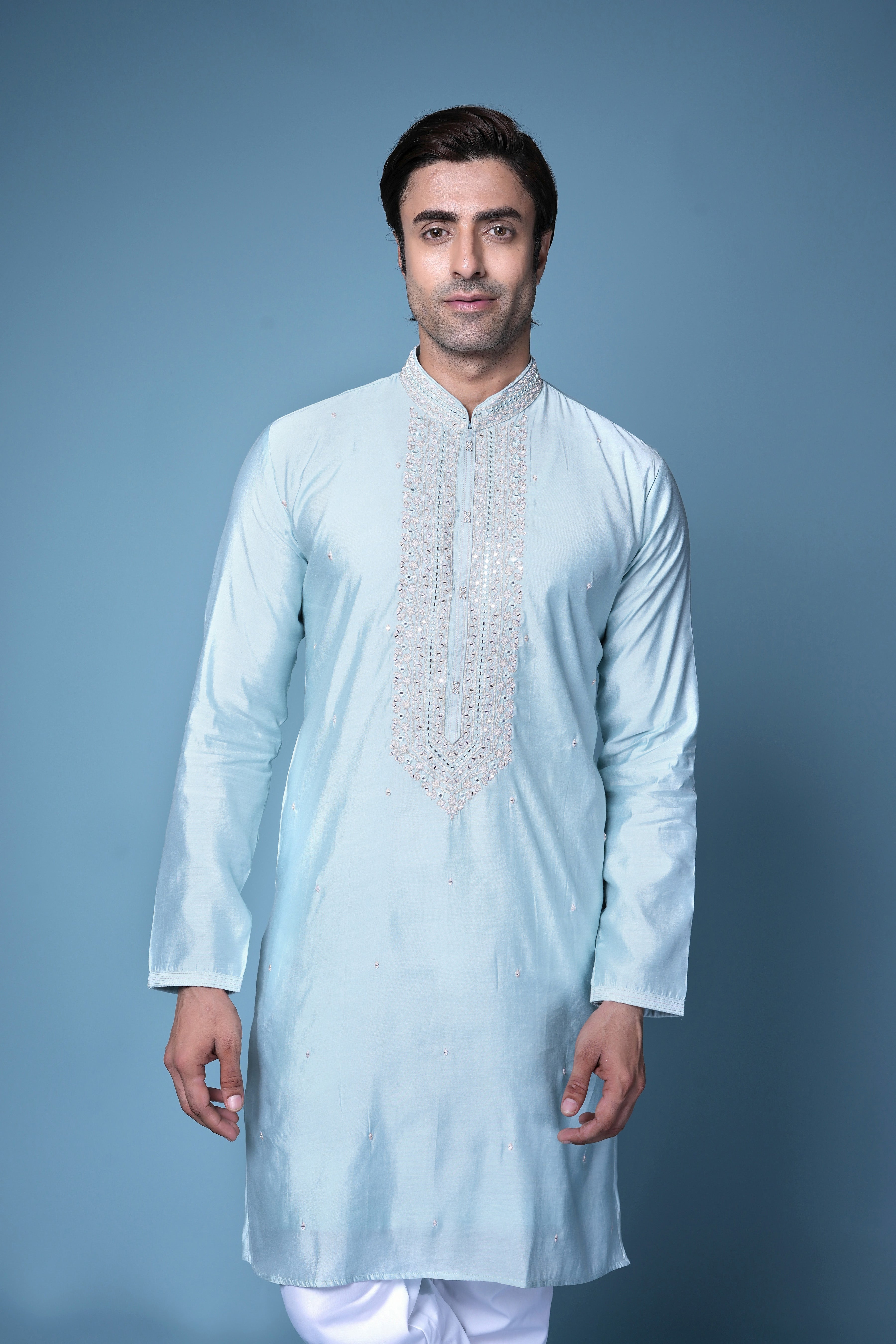 Sky Blue Embroidered Silk Kurta Set