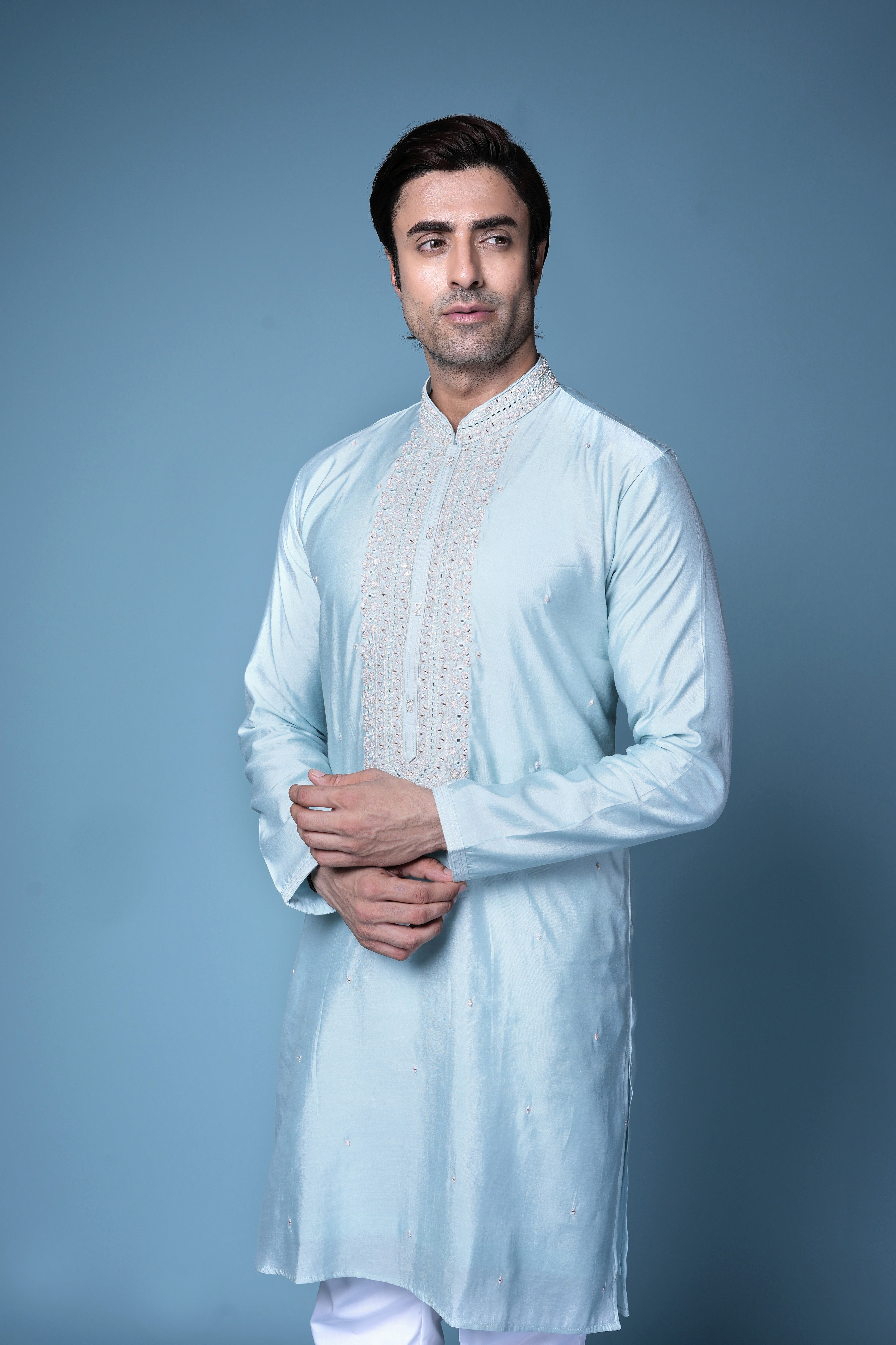 Sky Blue Embroidered Silk Kurta Set