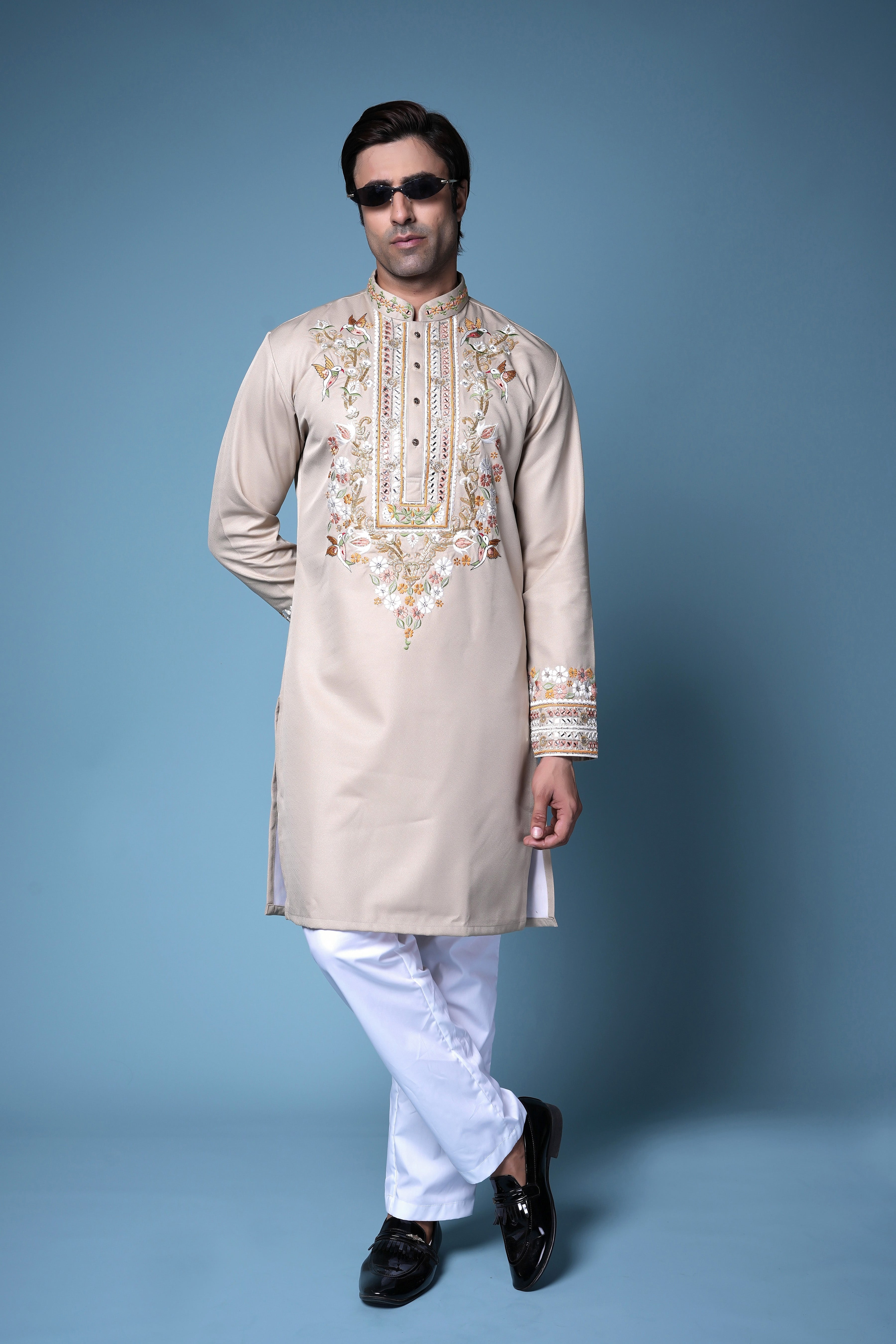 Beige Zardosi Embroidered Silk Kurta Set
