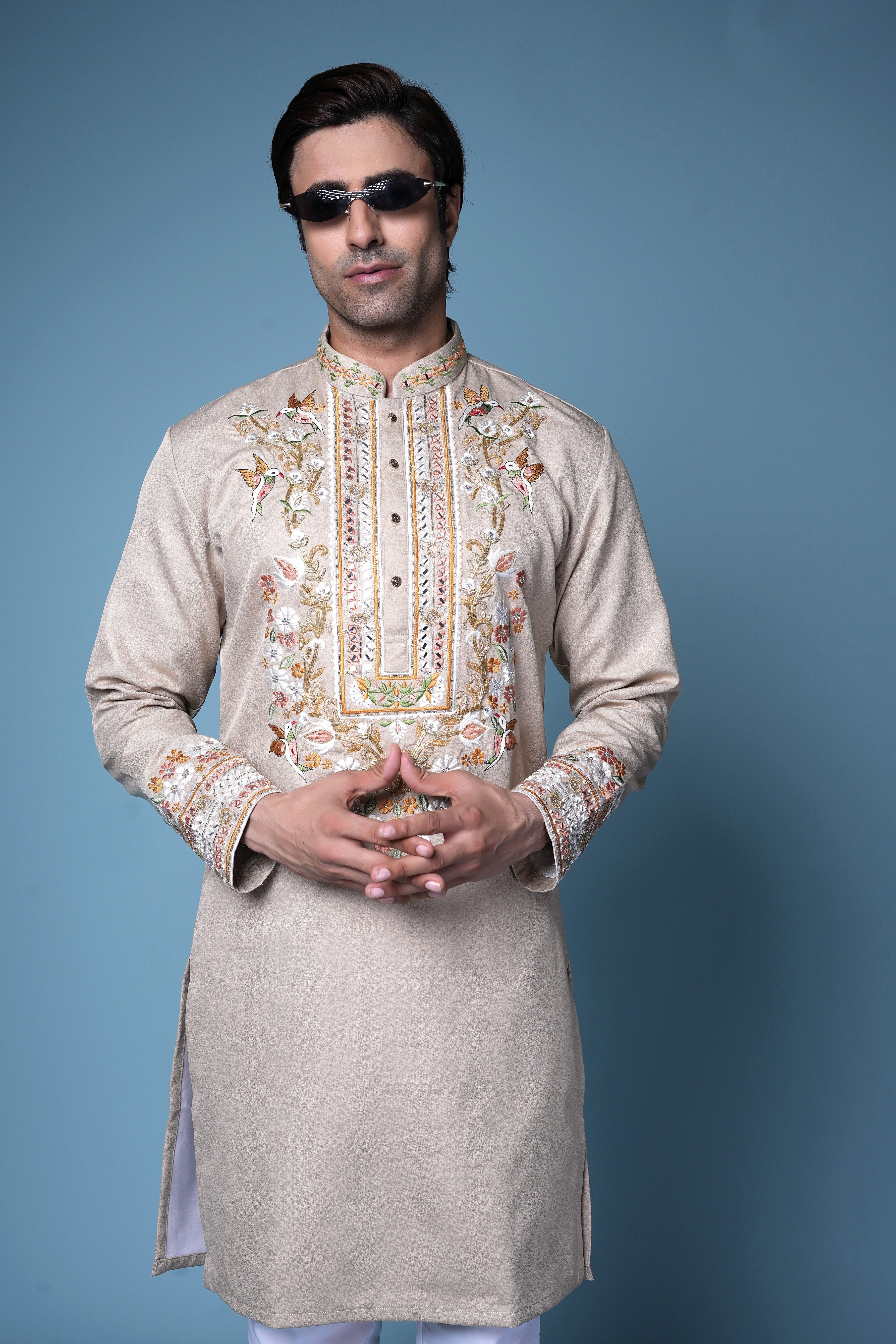Beige Zardosi Embroidered Silk Kurta Set