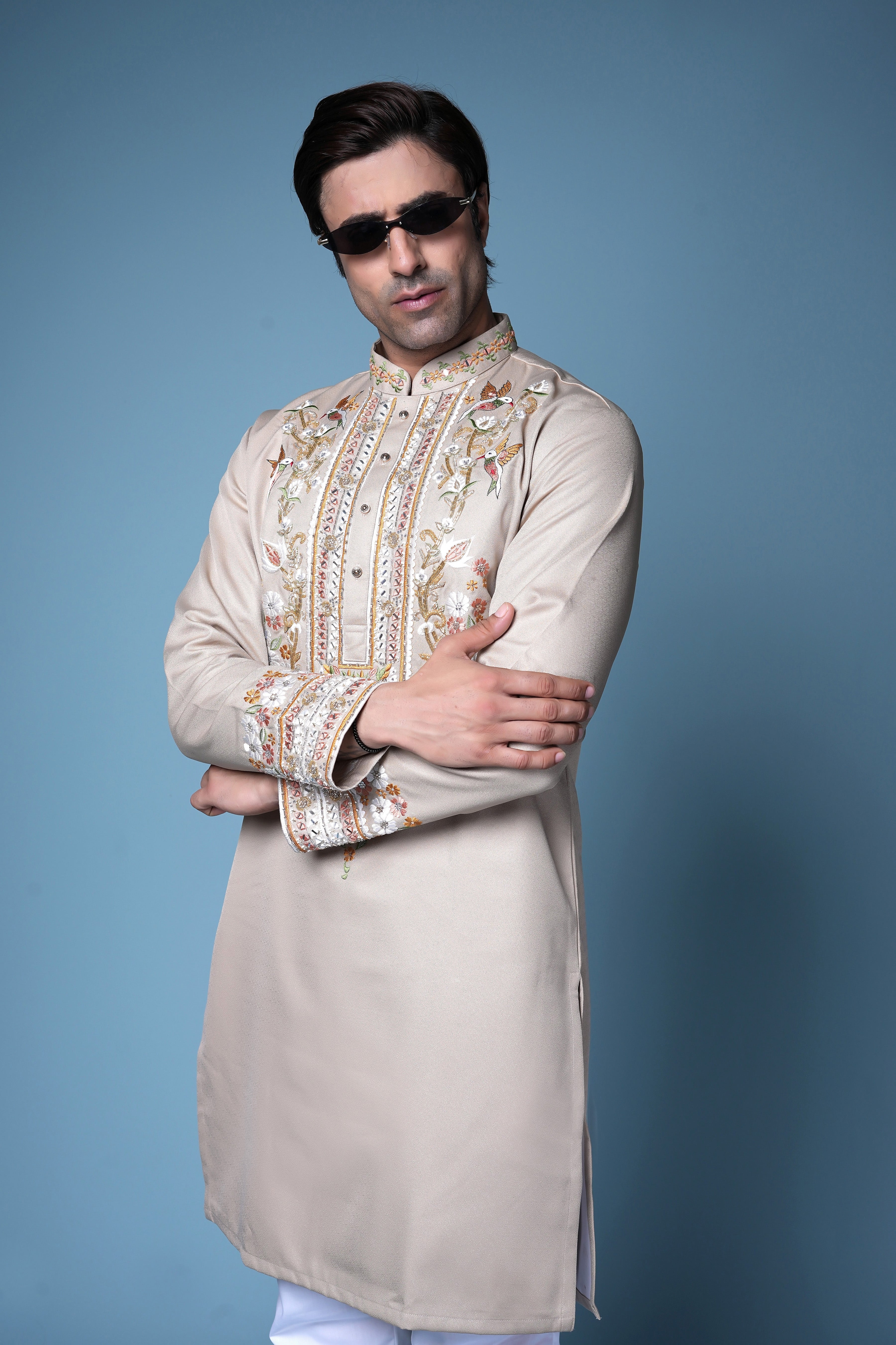 Beige Zardosi Embroidered Silk Kurta Set