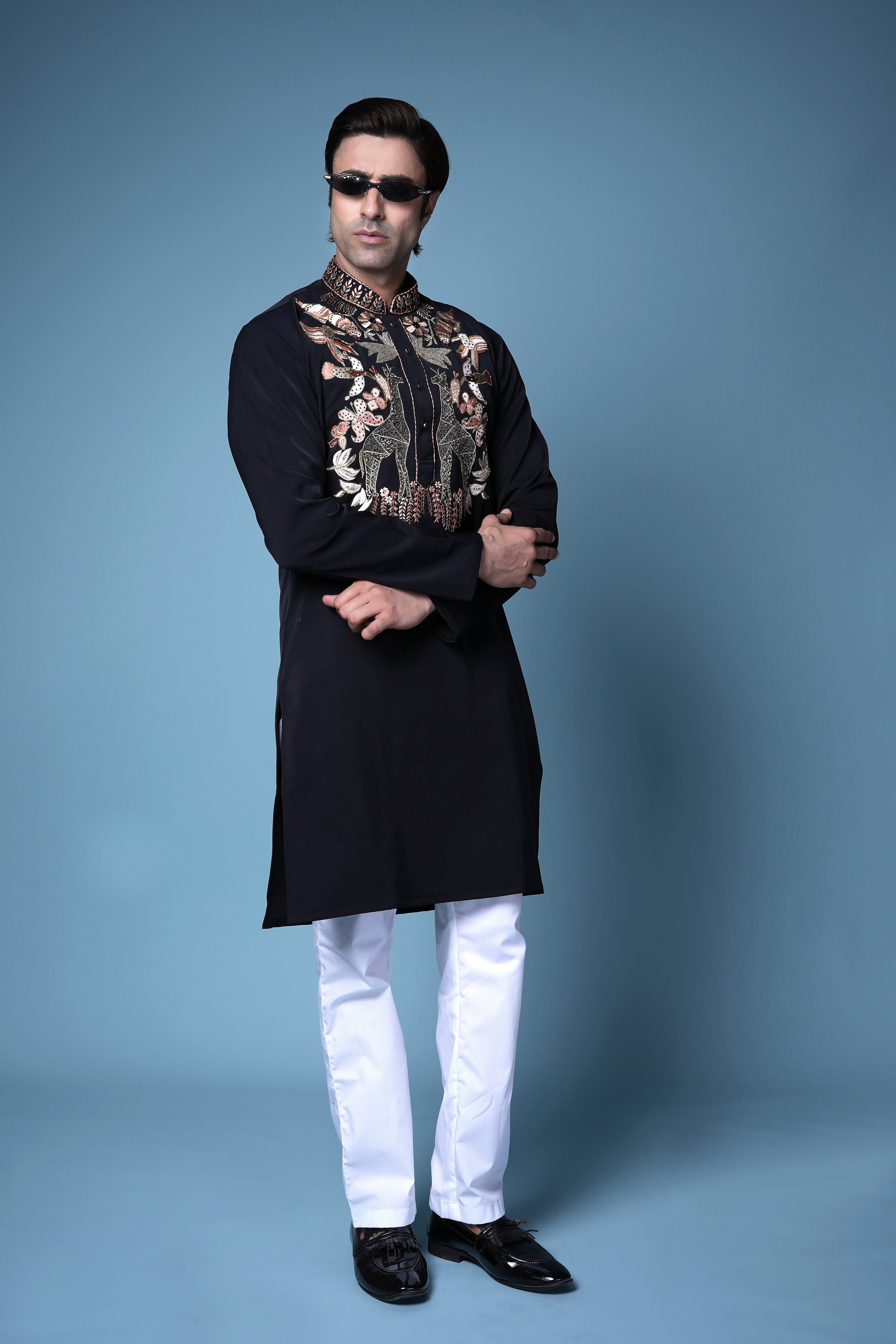Black Regal Embroidered Silk Kurta Set