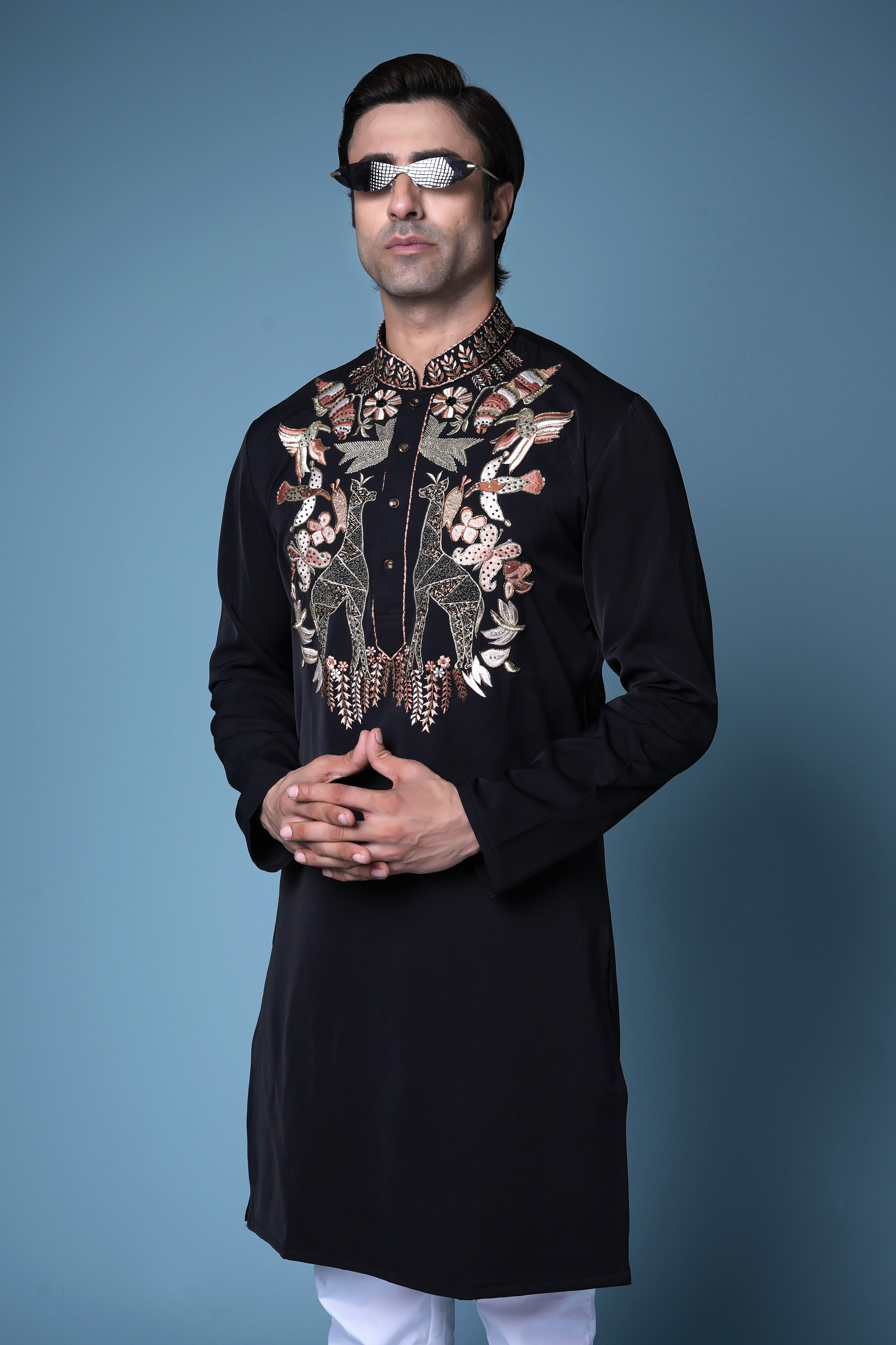 Black Regal Embroidered Silk Kurta Set