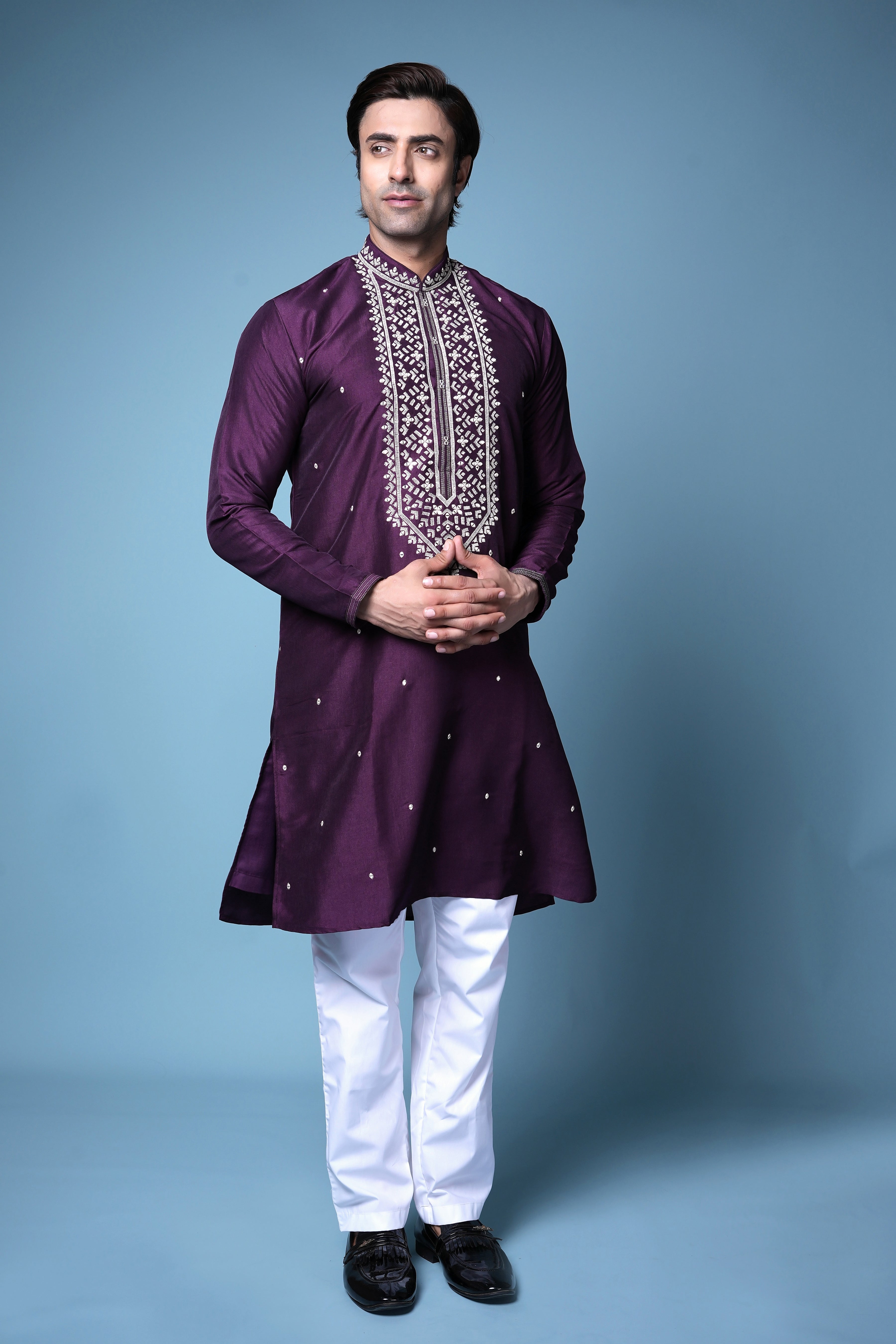 Royal Plum Embroidered Silk Kurta Set