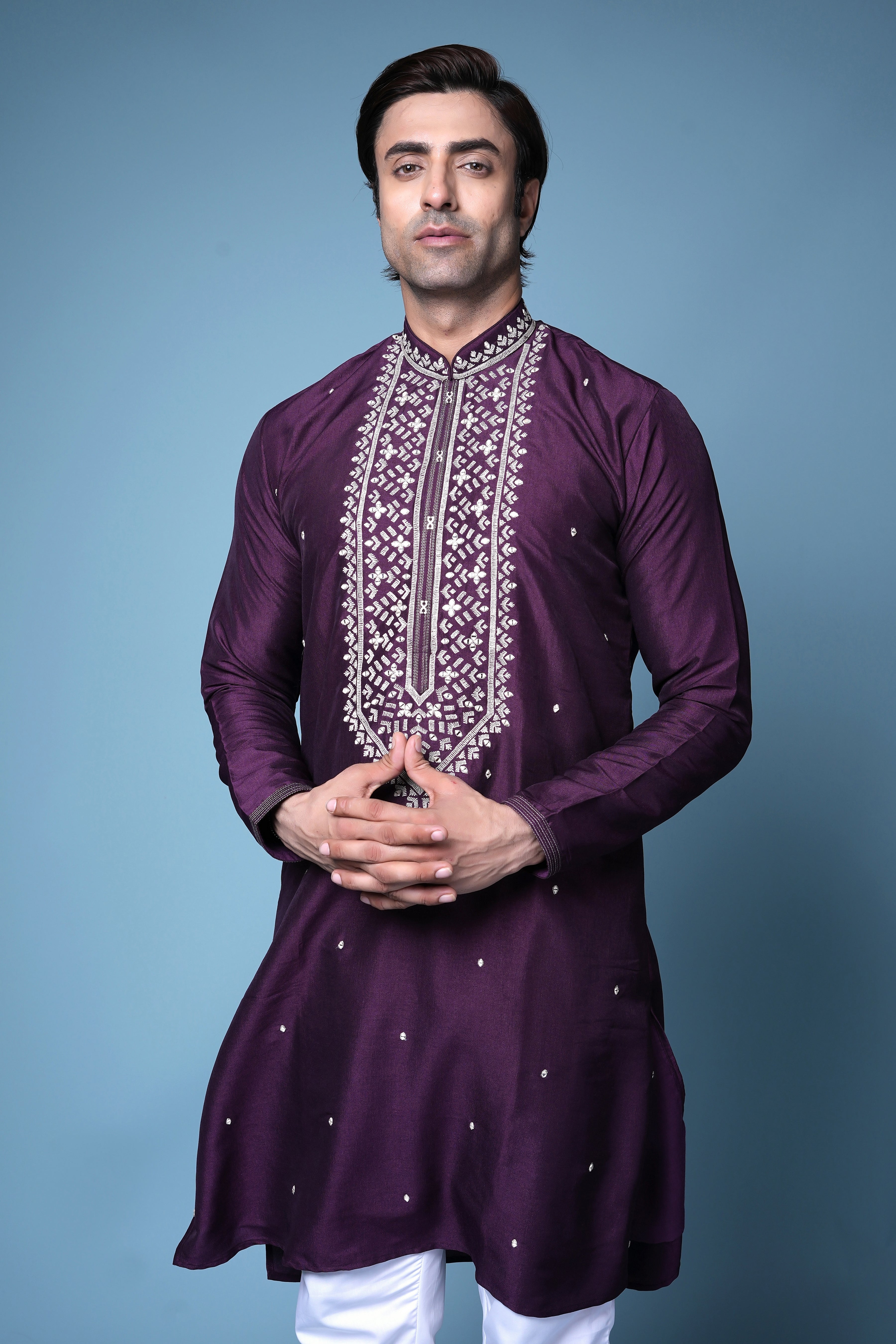 Royal Plum Embroidered Silk Kurta Set