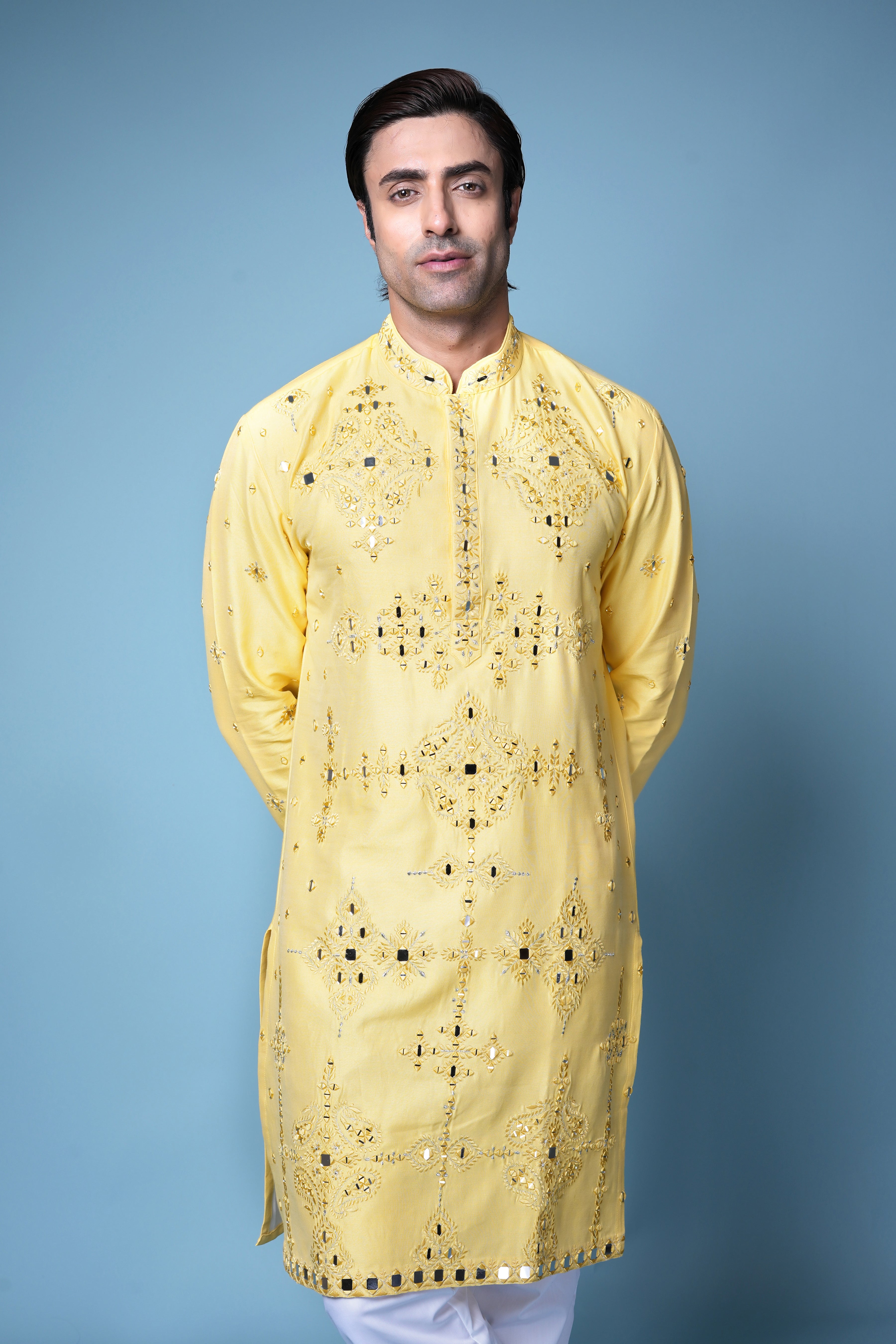 Sunshine Yellow Mirror Work Silk Kurta Set