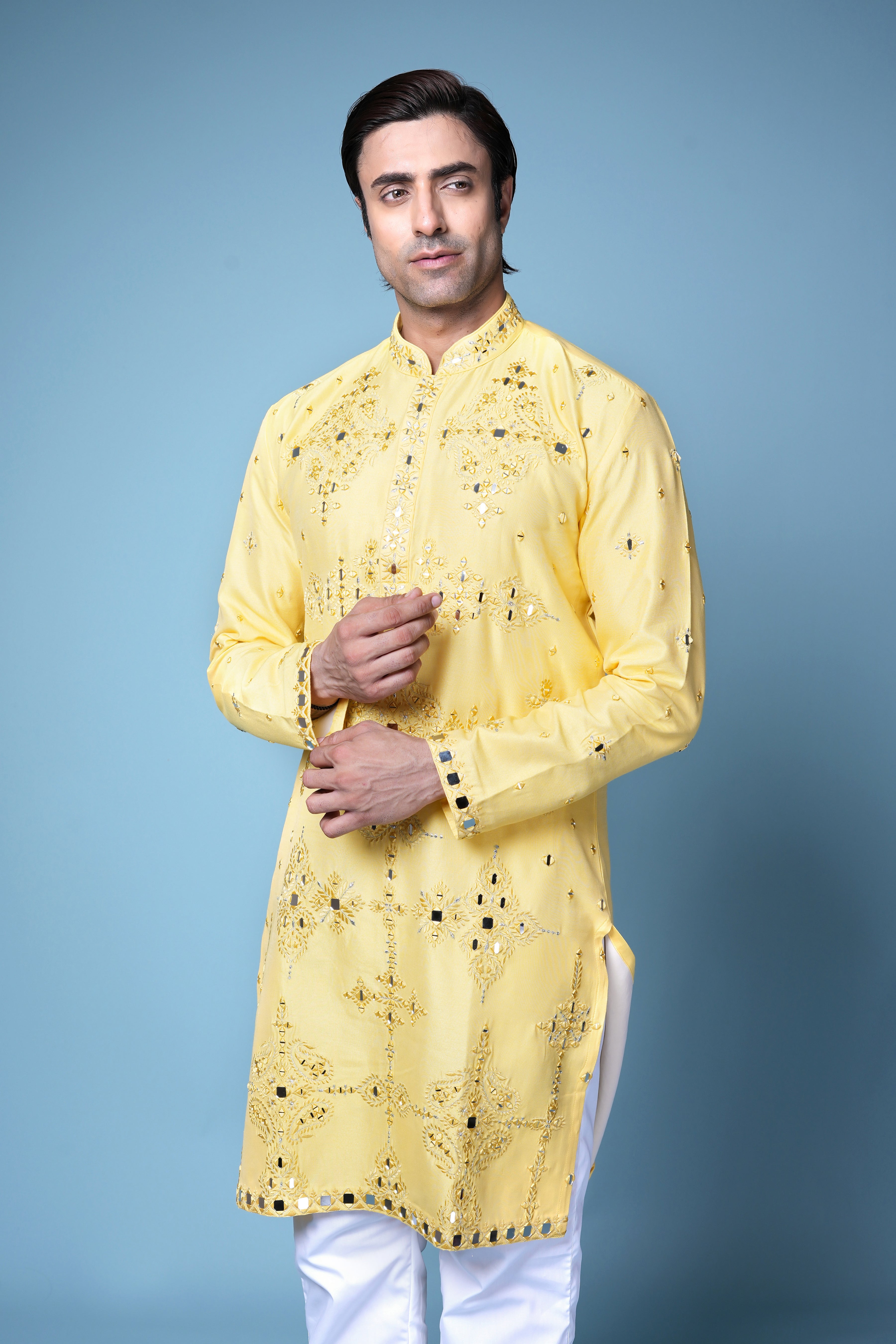 Sunshine Yellow Mirror Work Silk Kurta Set