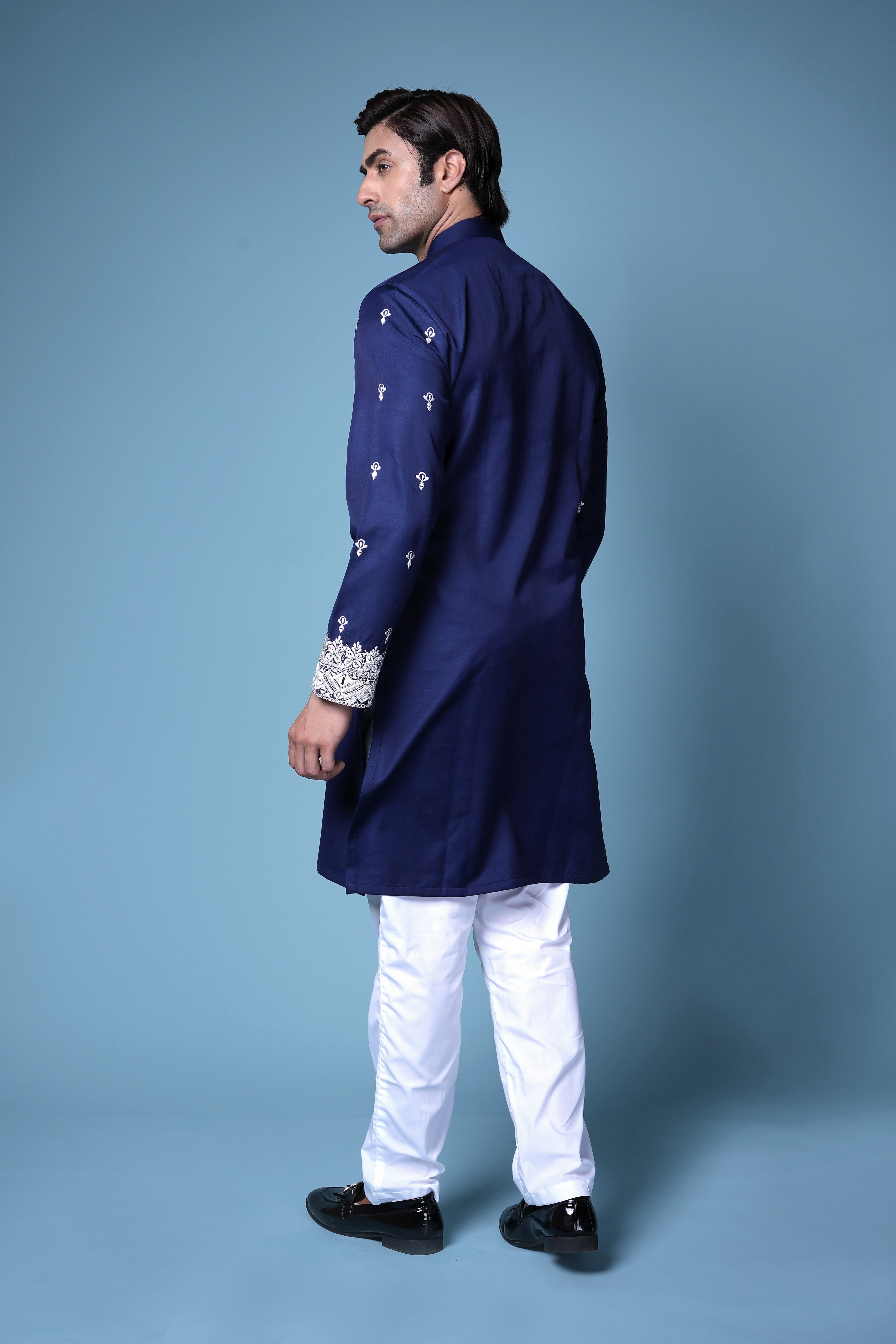Royal Navy Blue Embroidered Silk Kurta Set