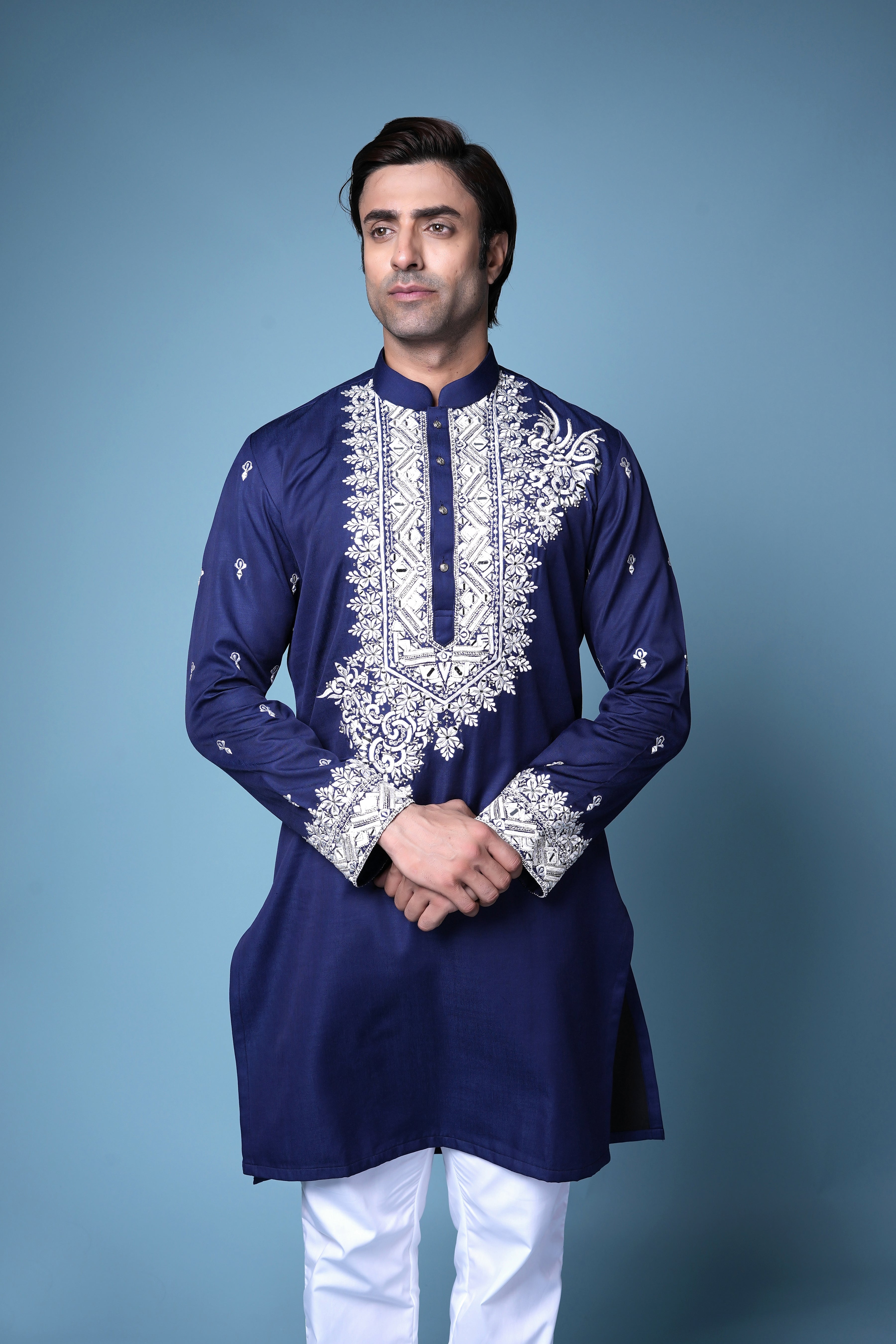 Royal Navy Blue Embroidered Silk Kurta Set