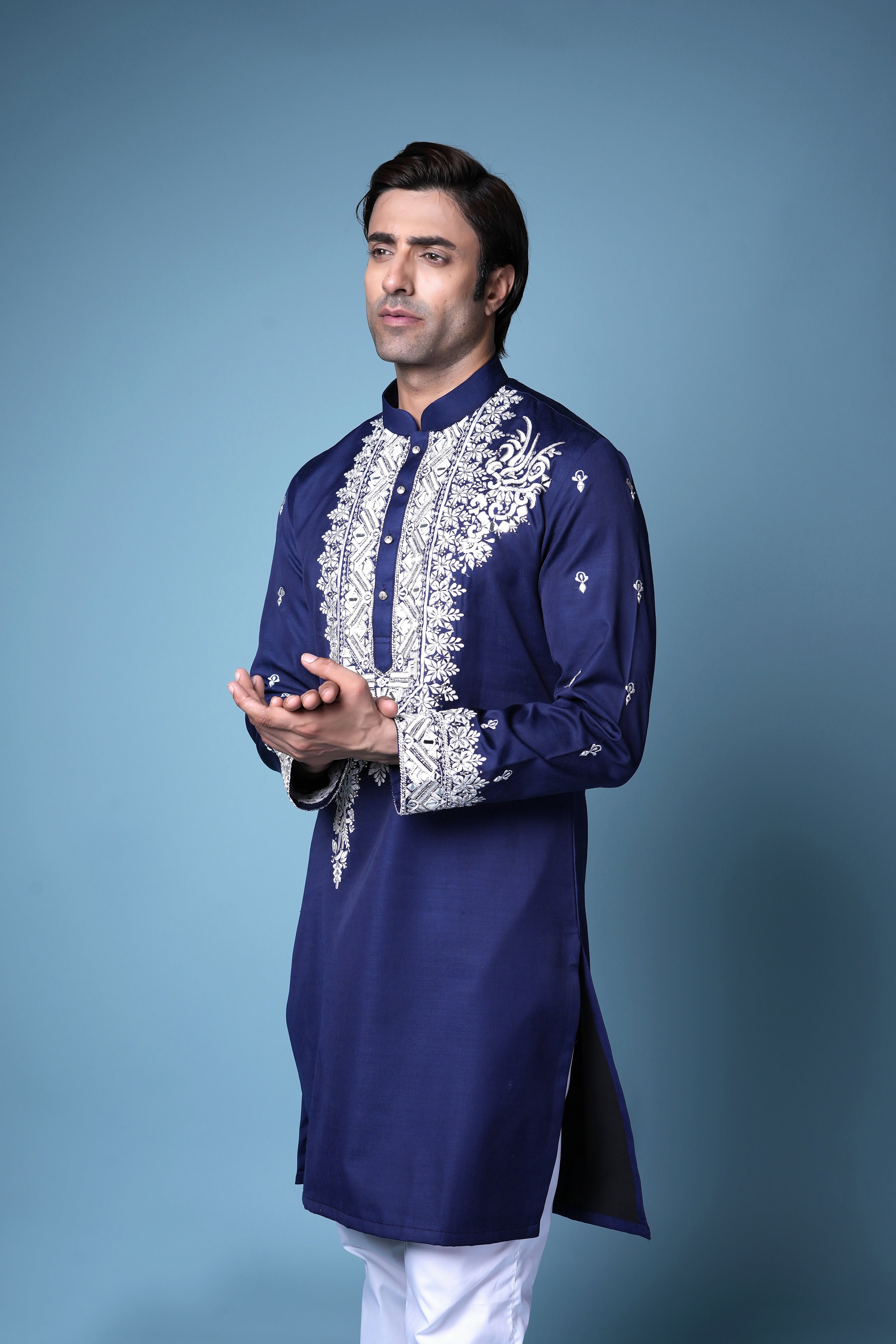 Royal Navy Blue Embroidered Silk Kurta Set