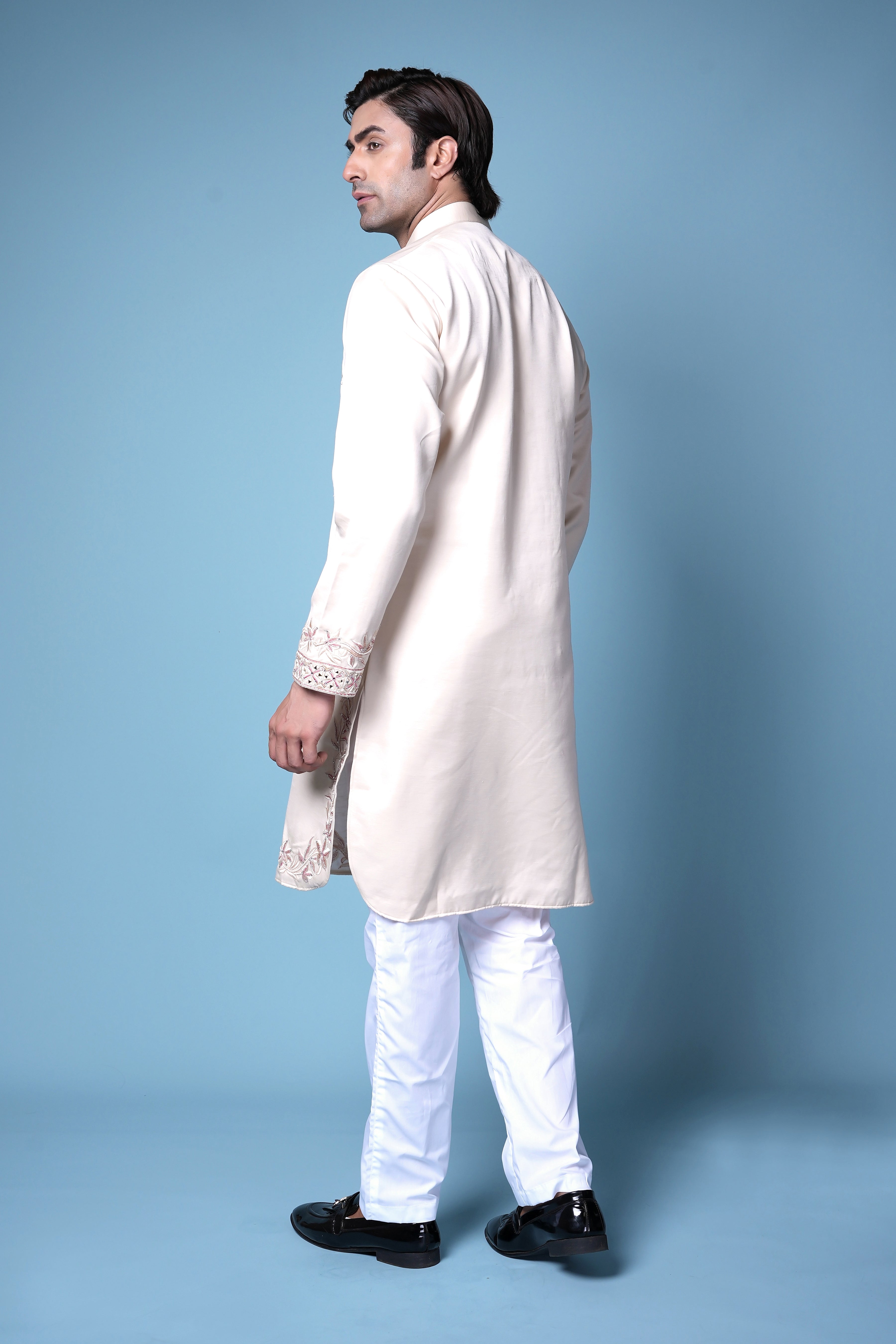 Elegant Cream Embroidered Cotton-Silk Kurta Set