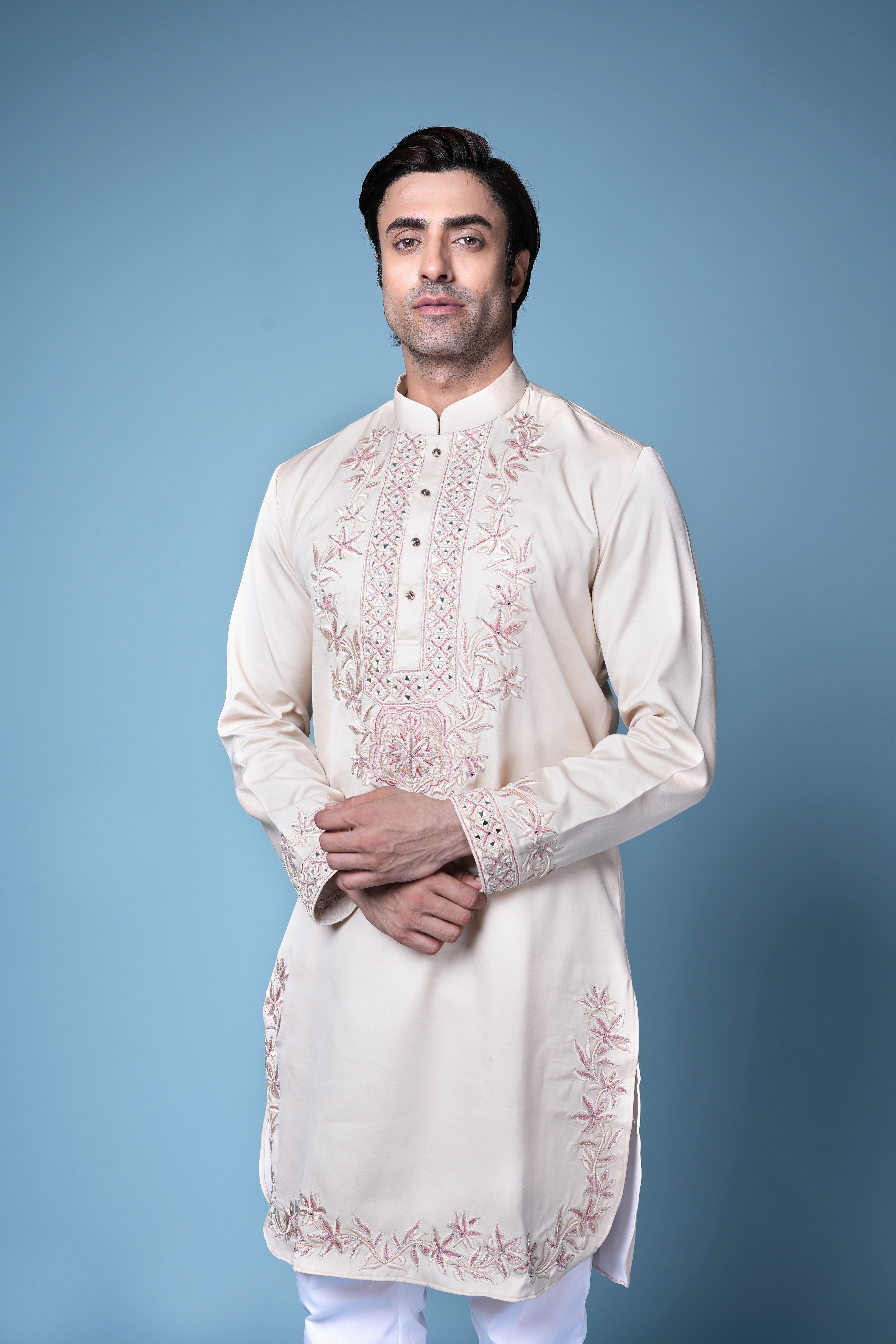 Elegant Cream Embroidered Cotton-Silk Kurta Set