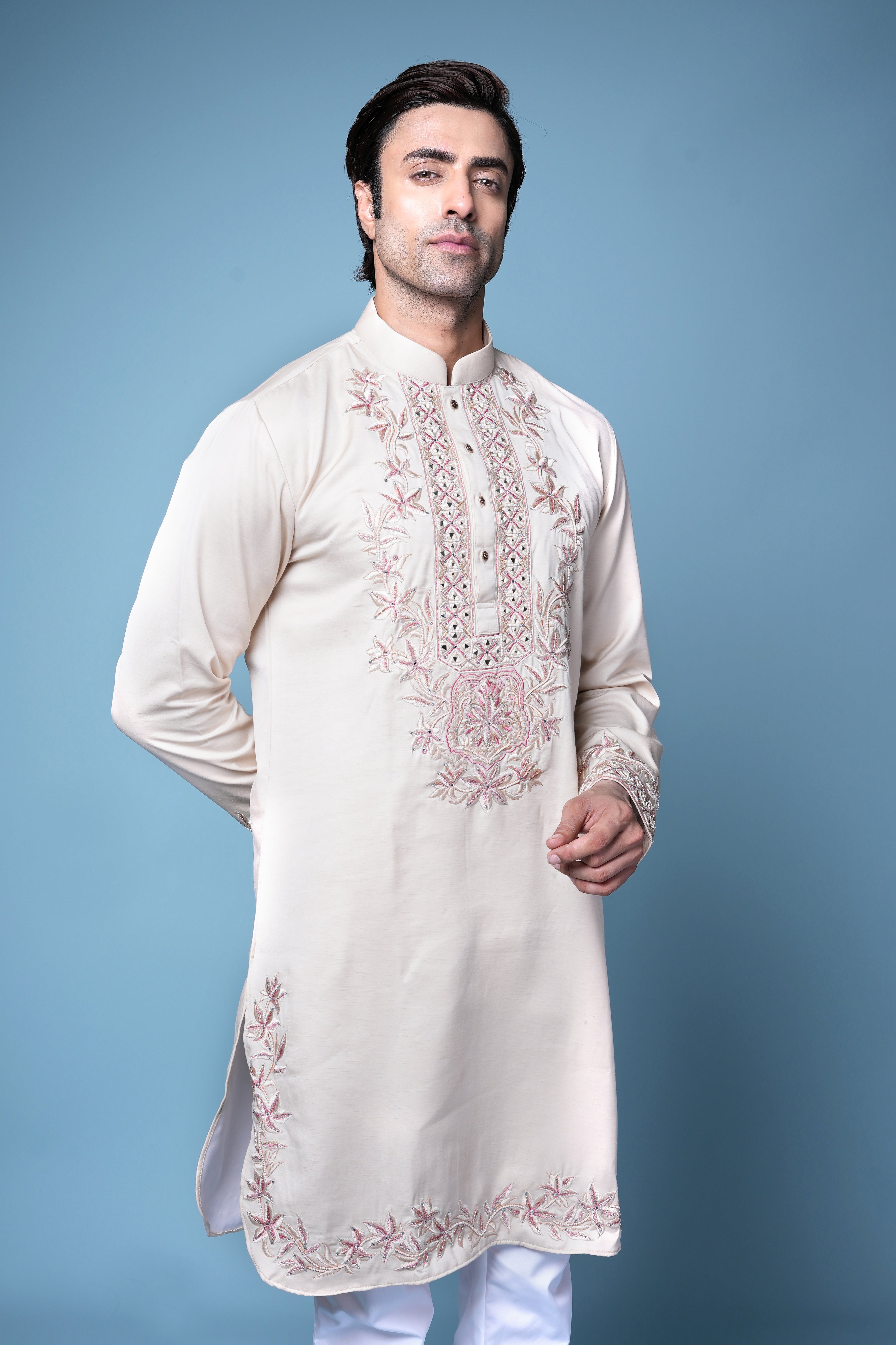 Elegant Cream Embroidered Cotton-Silk Kurta Set