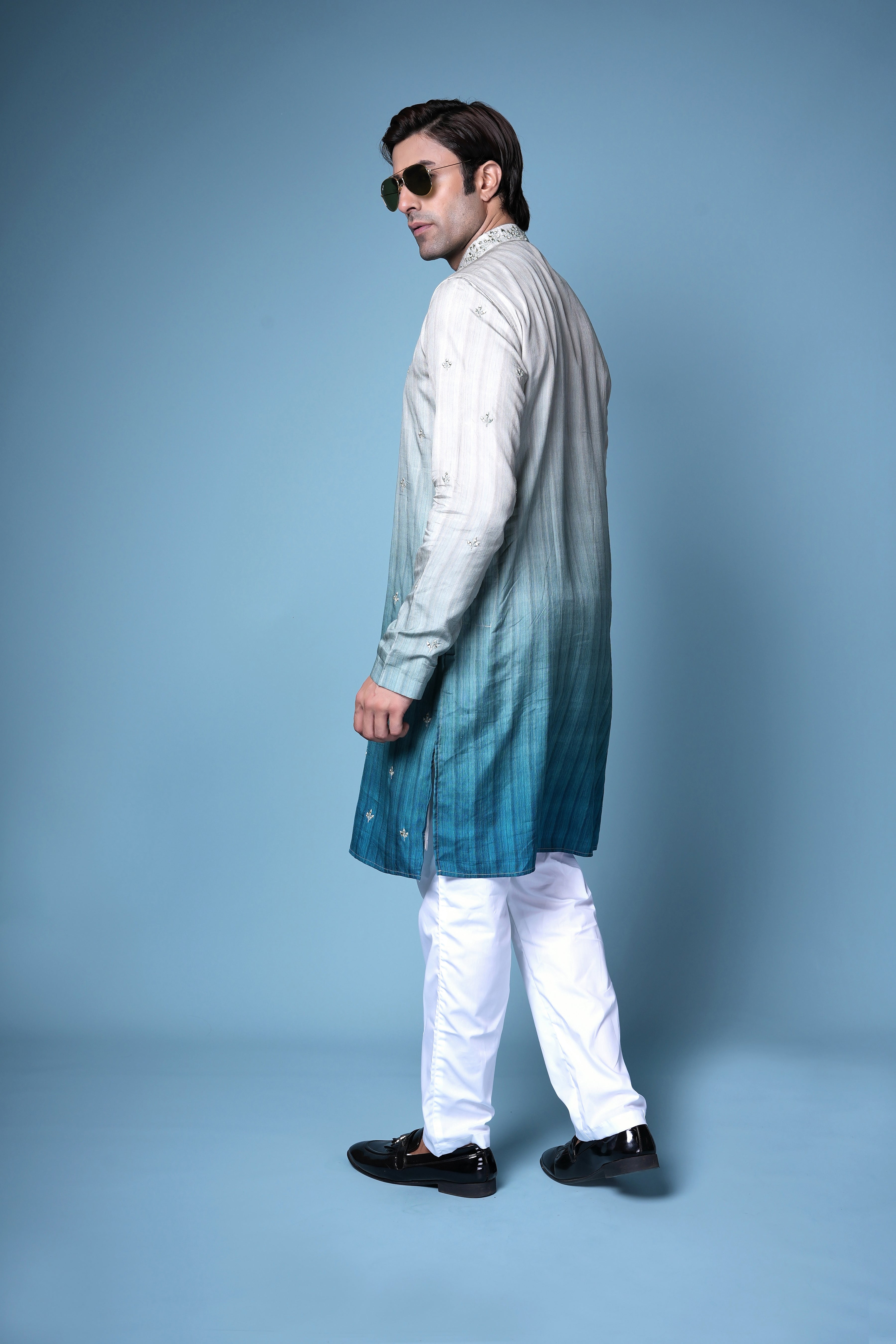 Blue Ombre Embroidered Silk Kurta Set
