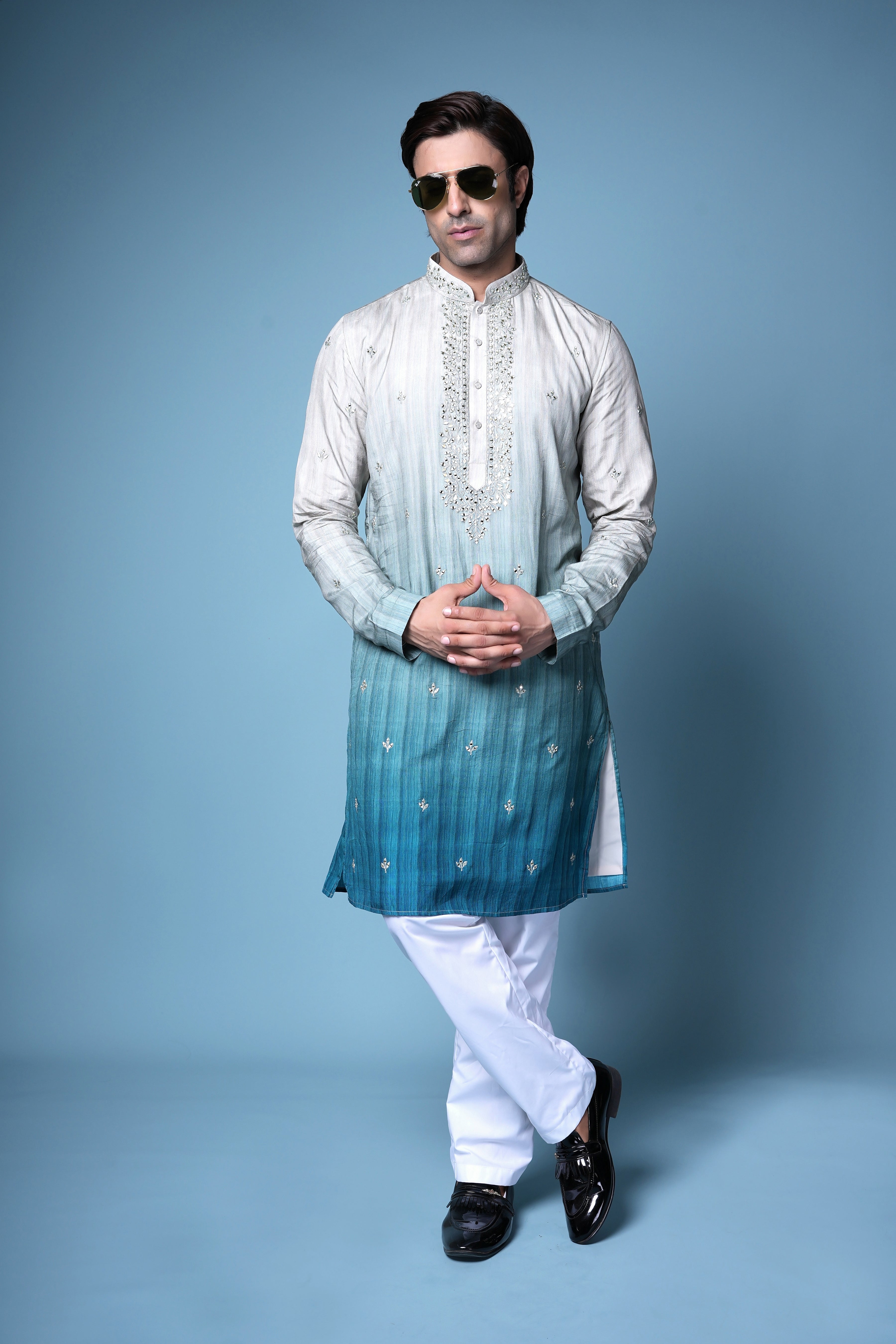 Blue Ombre Embroidered Silk Kurta Set