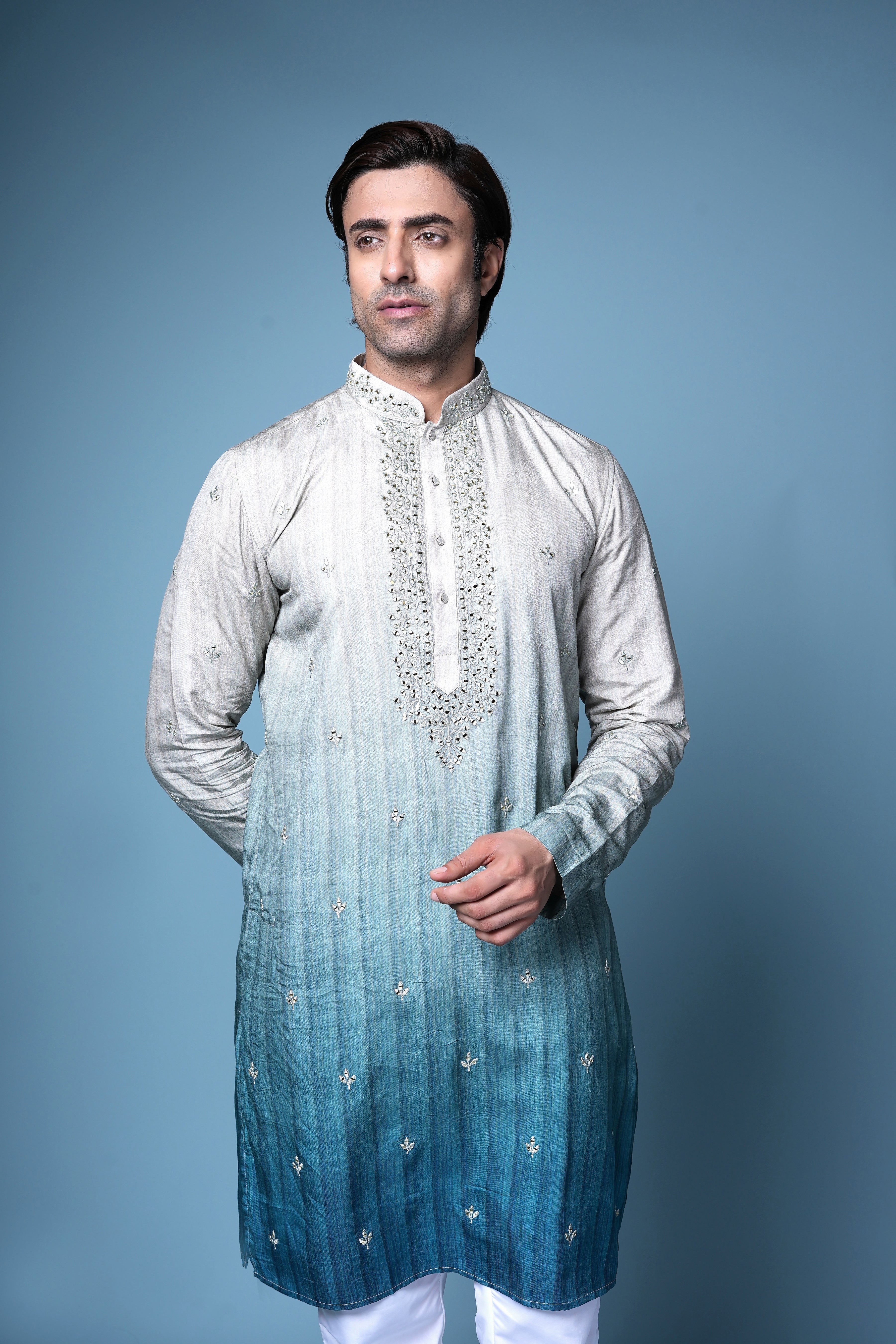 Blue Ombre Embroidered Silk Kurta Set