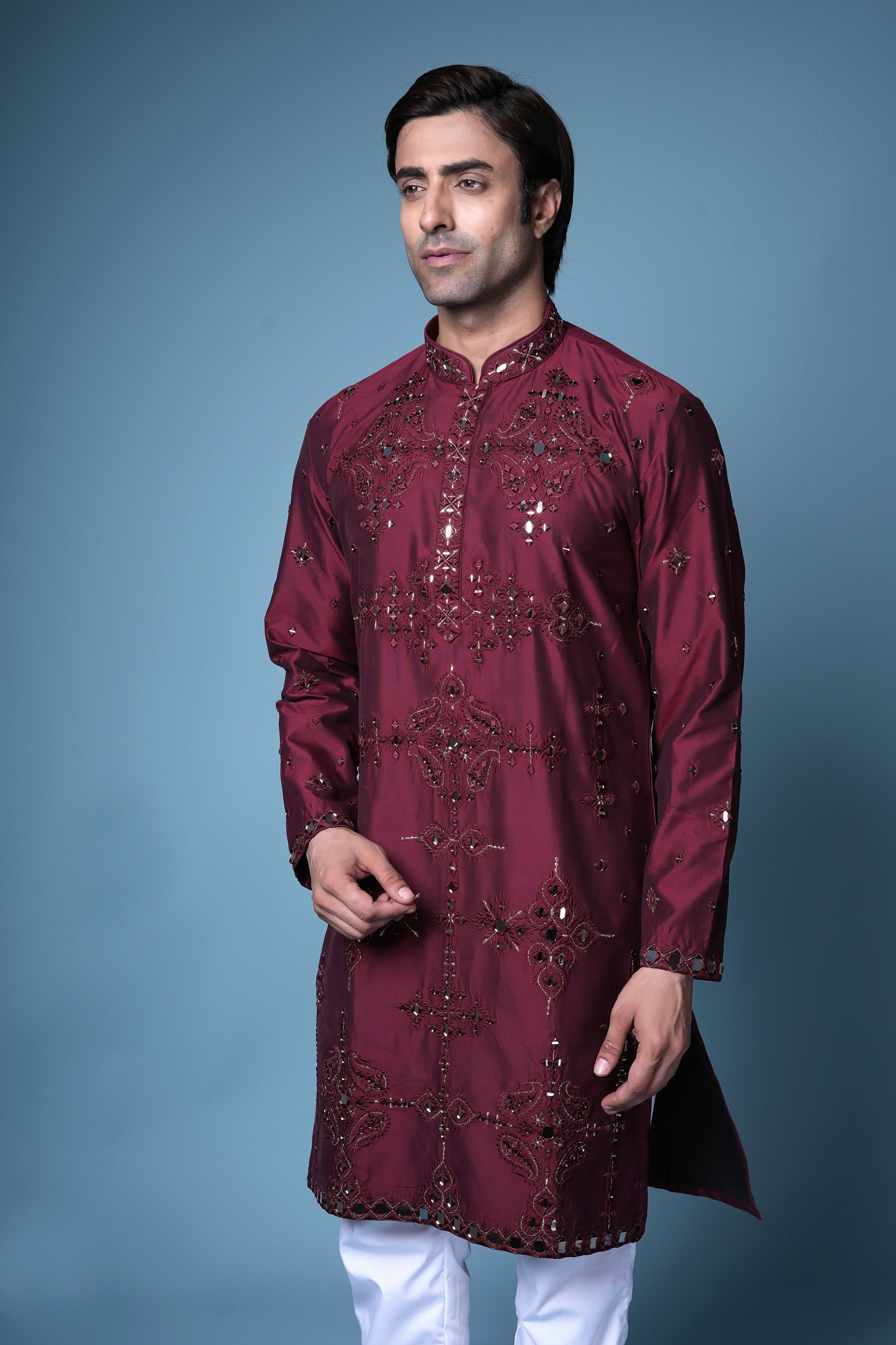 Maroon Mirror Embroidered Silk Kurta Set