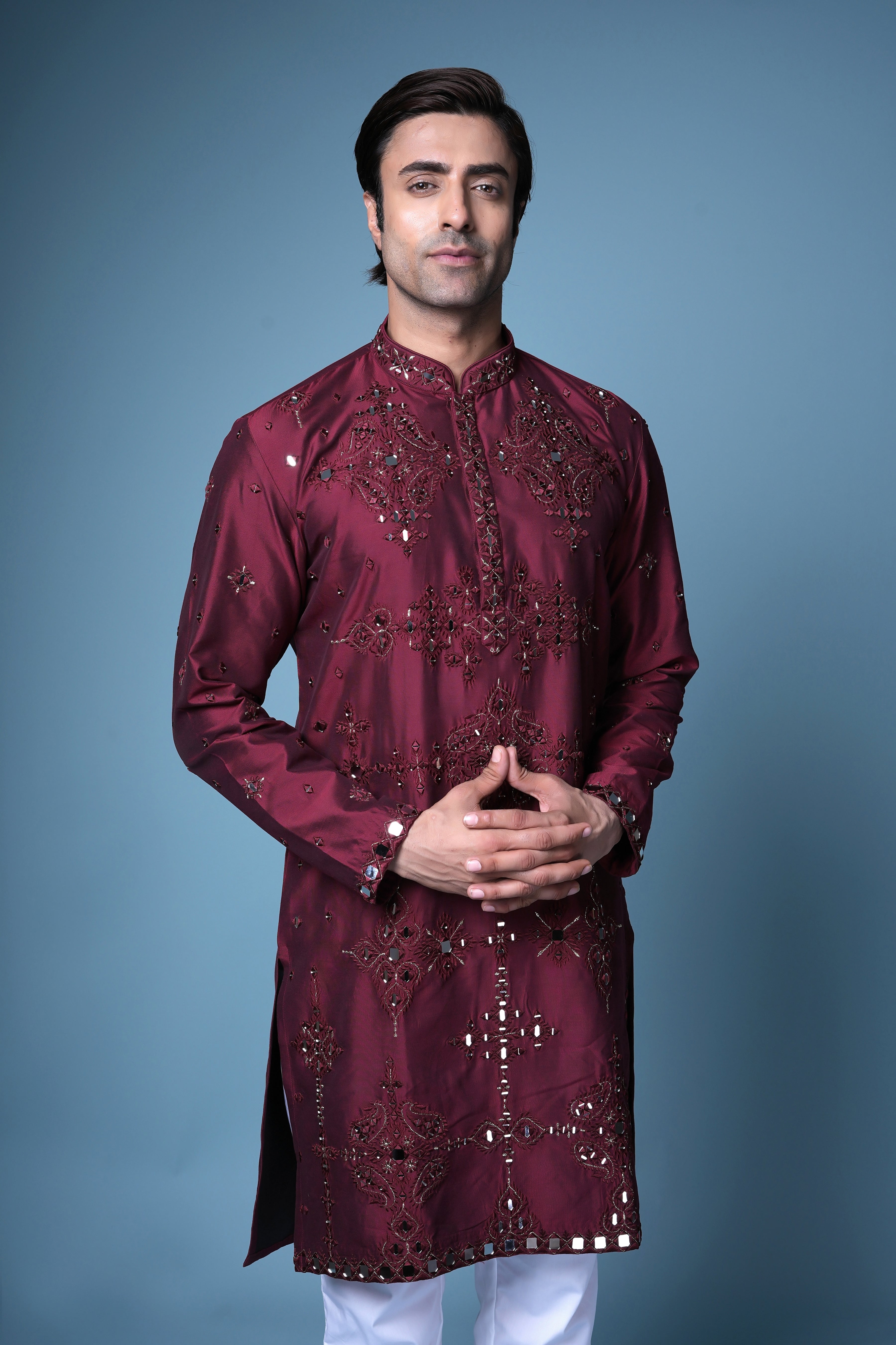 Maroon Mirror Embroidered Silk Kurta Set