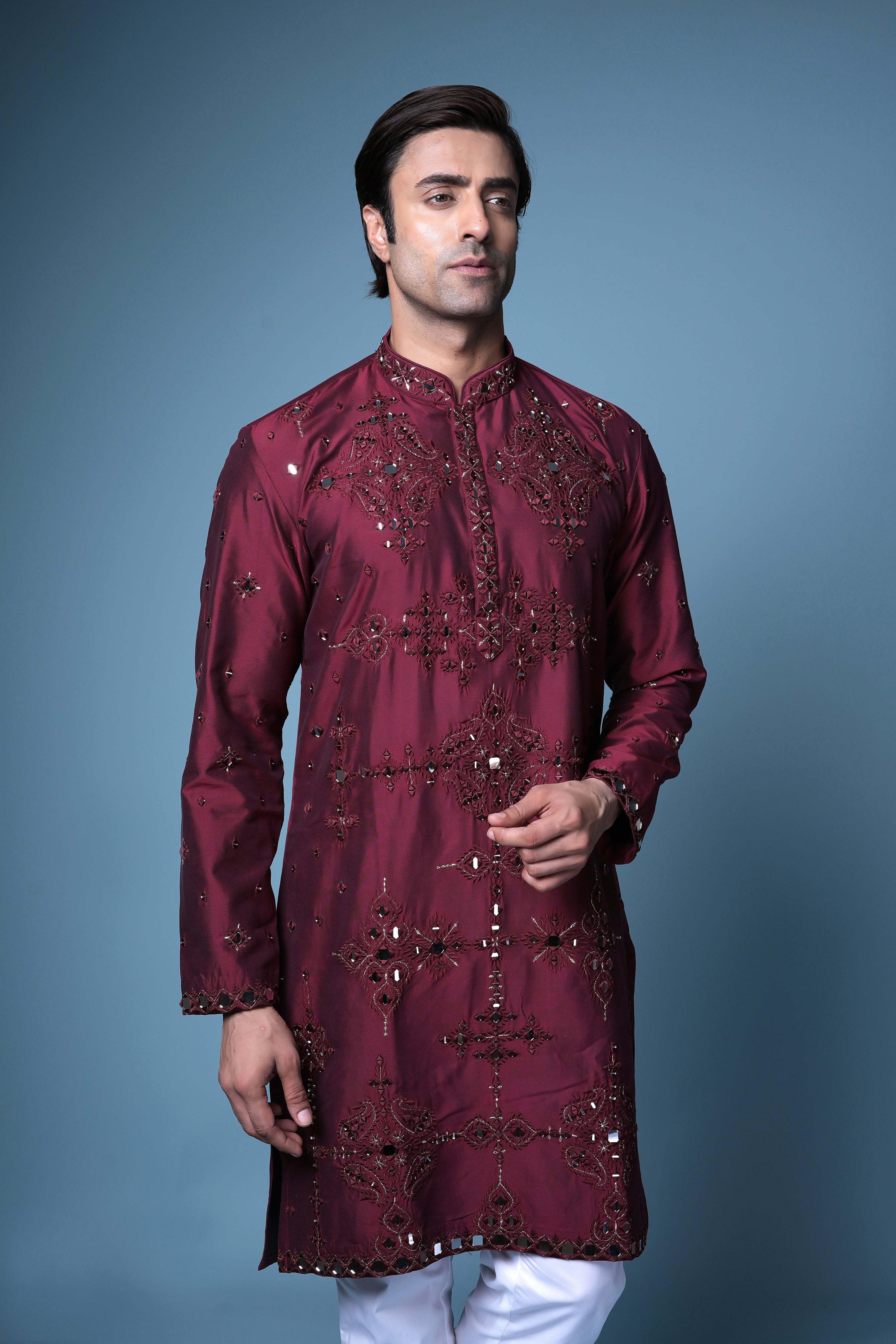 Maroon Mirror Embroidered Silk Kurta Set