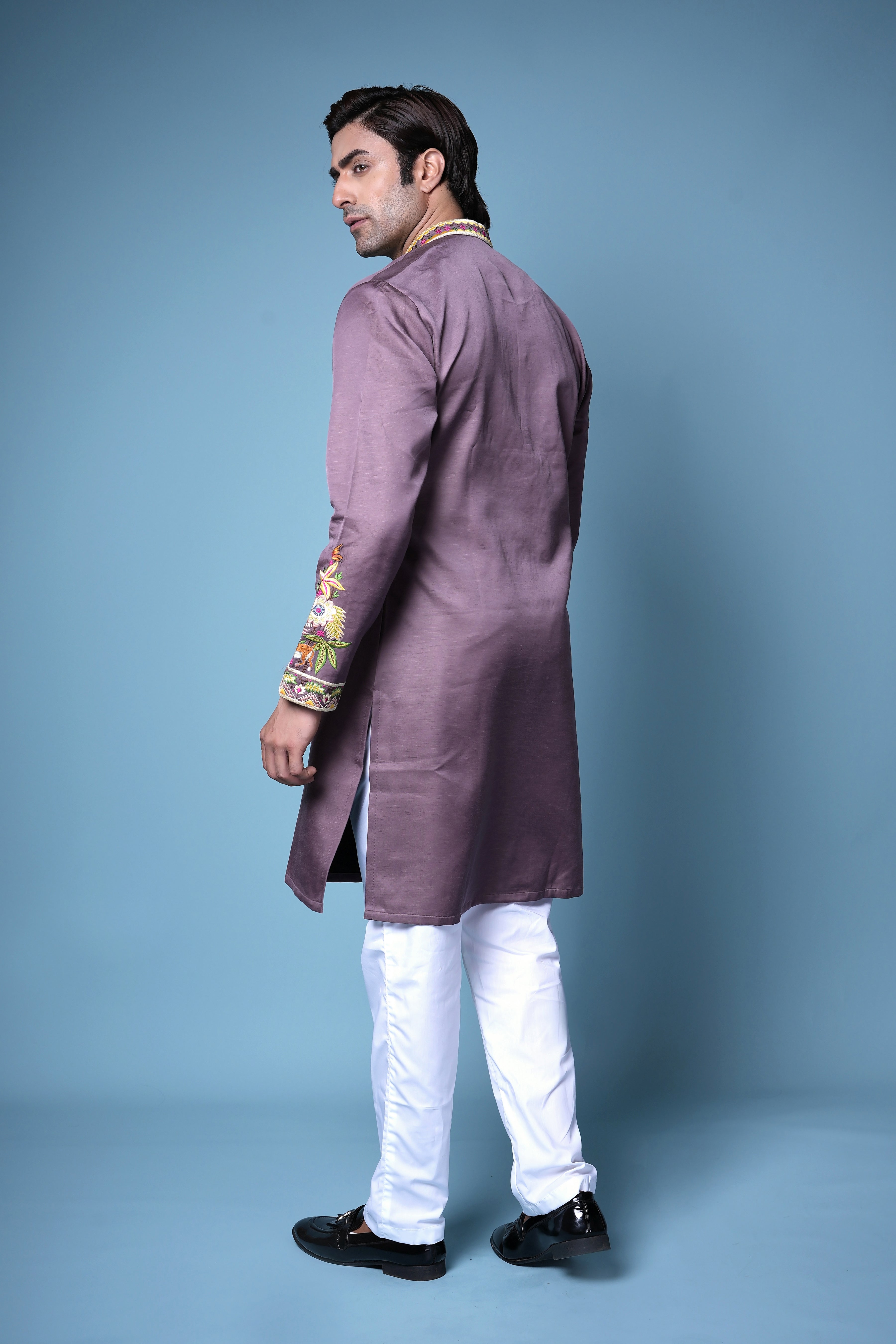 Lavender Multicolor Thread Embroidered Silk Kurta Set