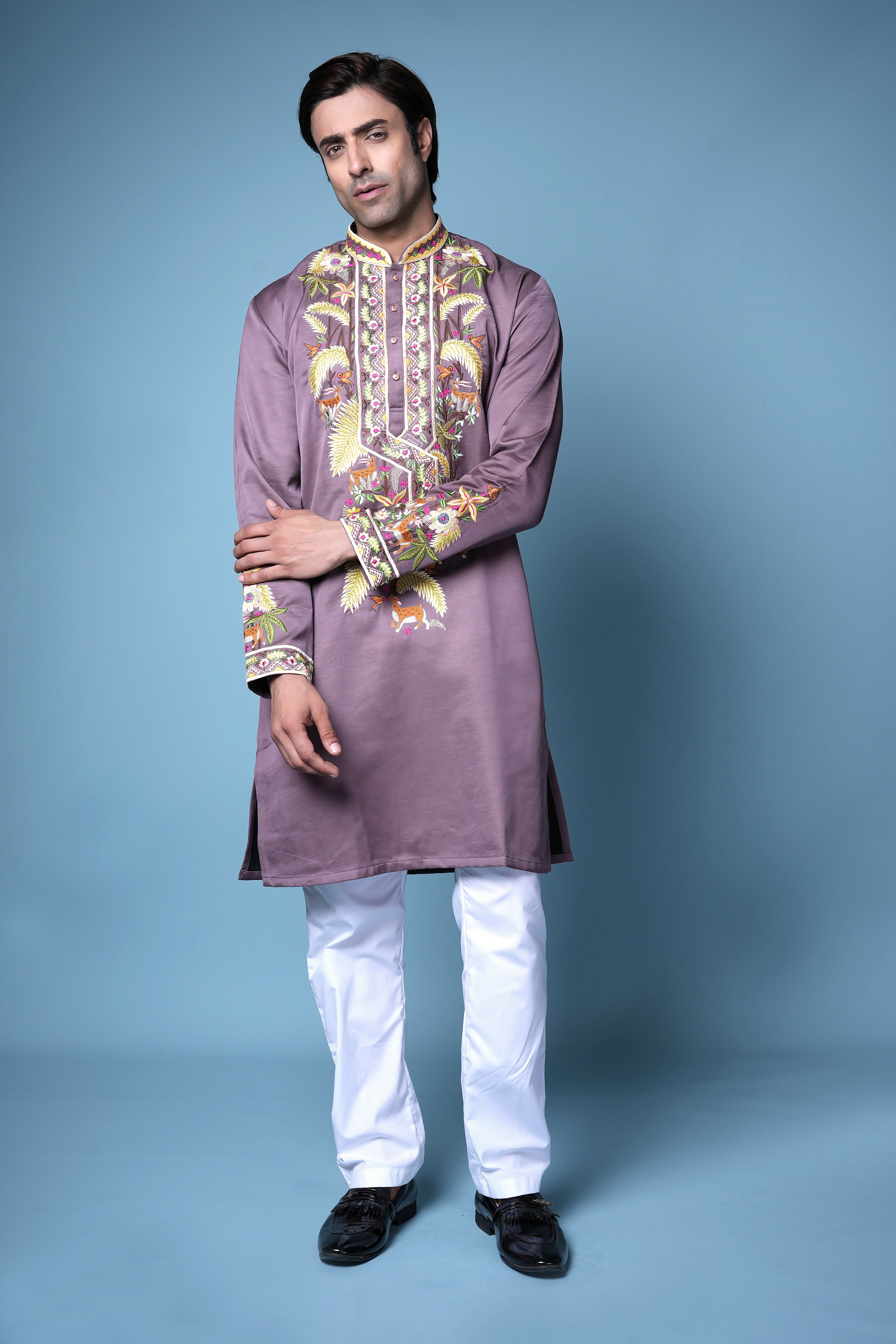 Lavender Multicolor Thread Embroidered Silk Kurta Set