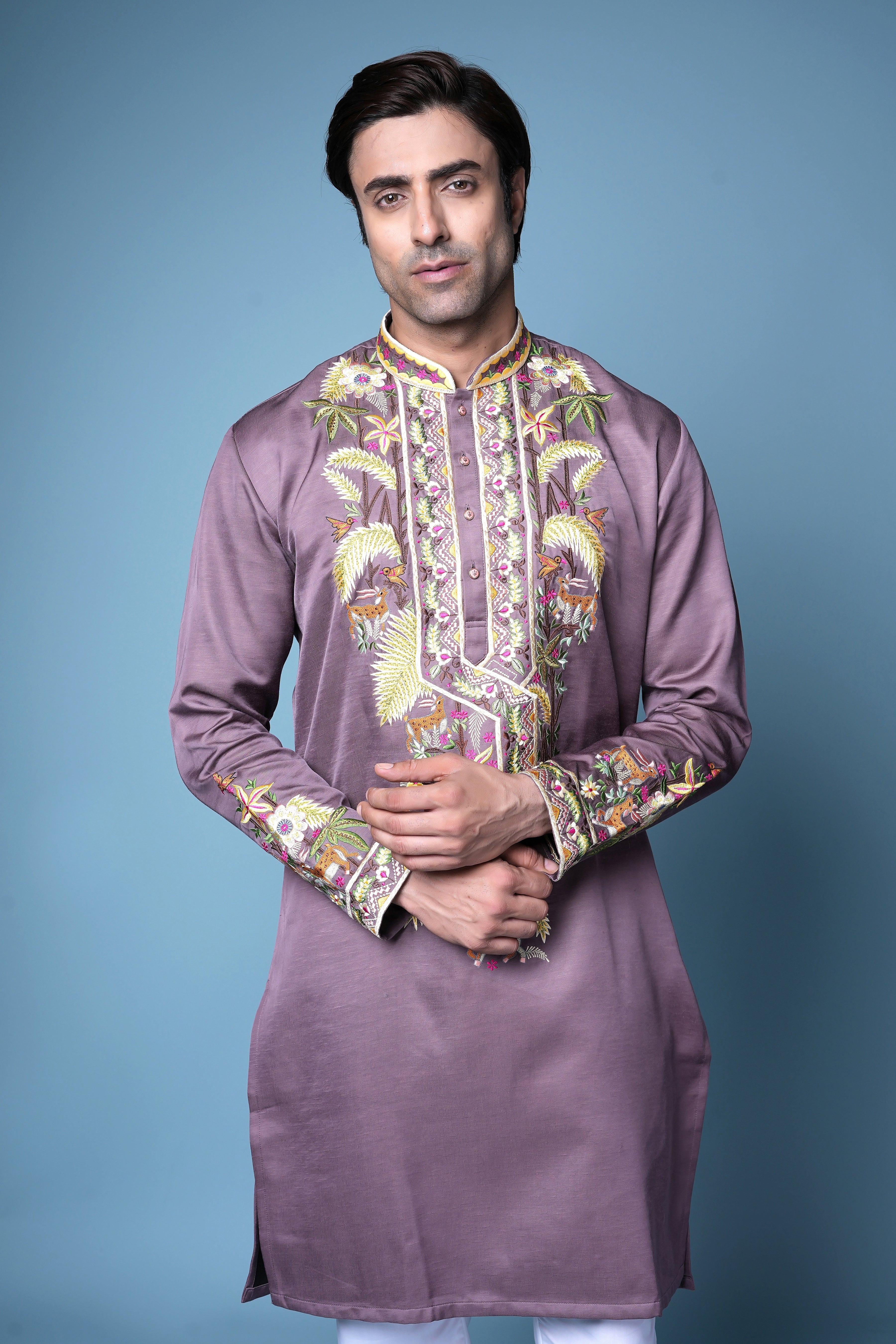 Lavender Multicolor Thread Embroidered Silk Kurta Set