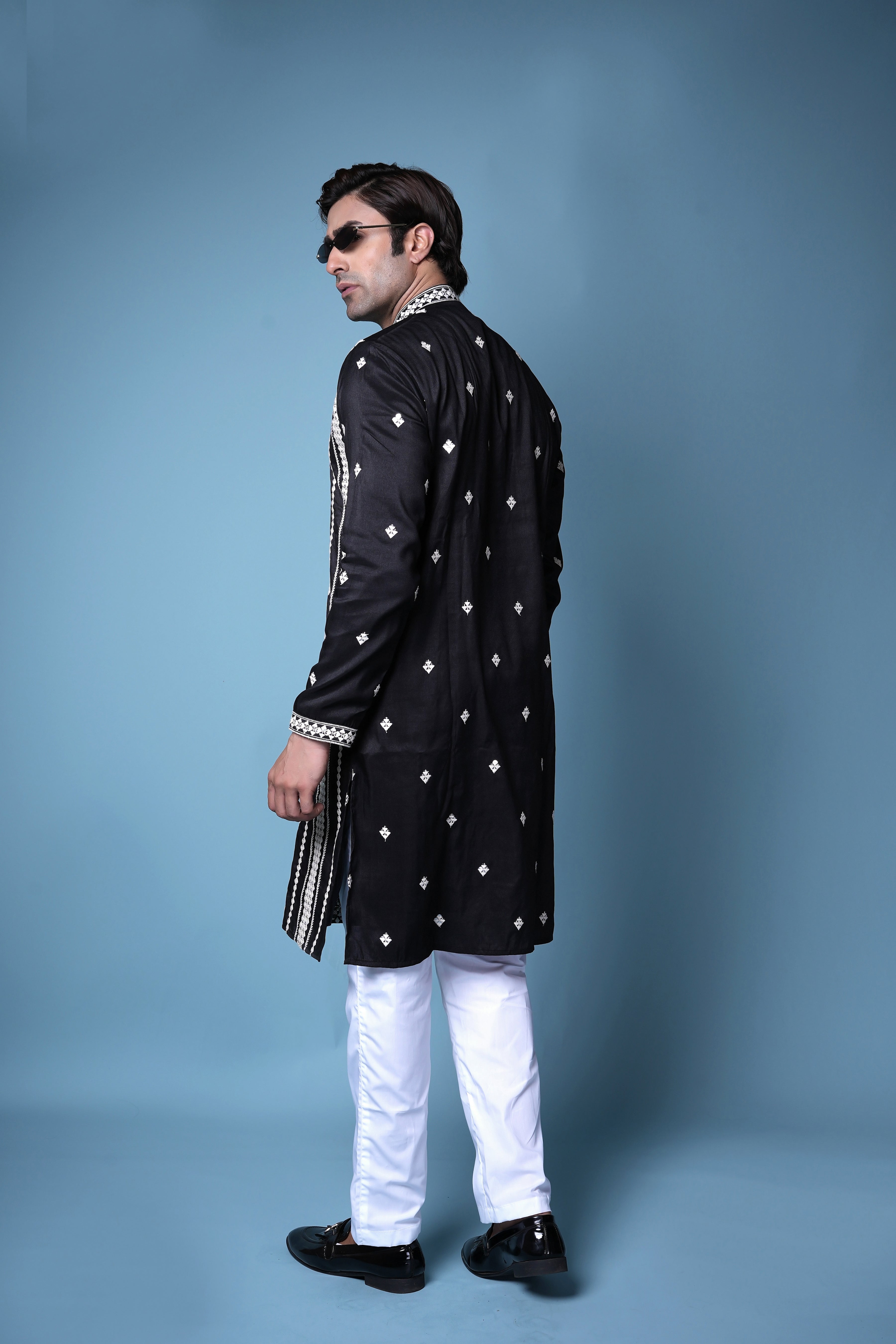 Black & White Geometric Embroidered Silk Kurta for Men