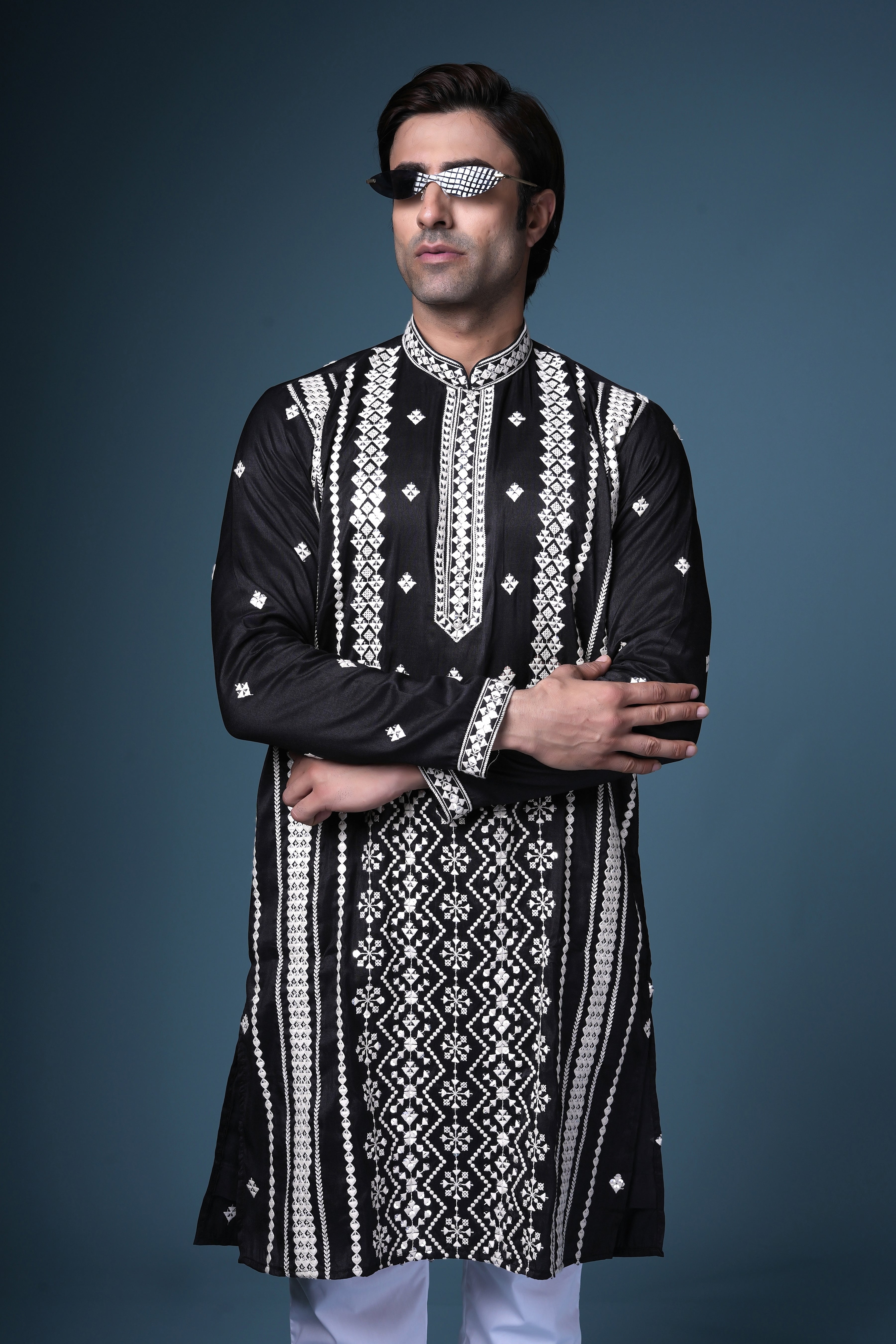 Black & White Geometric Embroidered Silk Kurta for Men